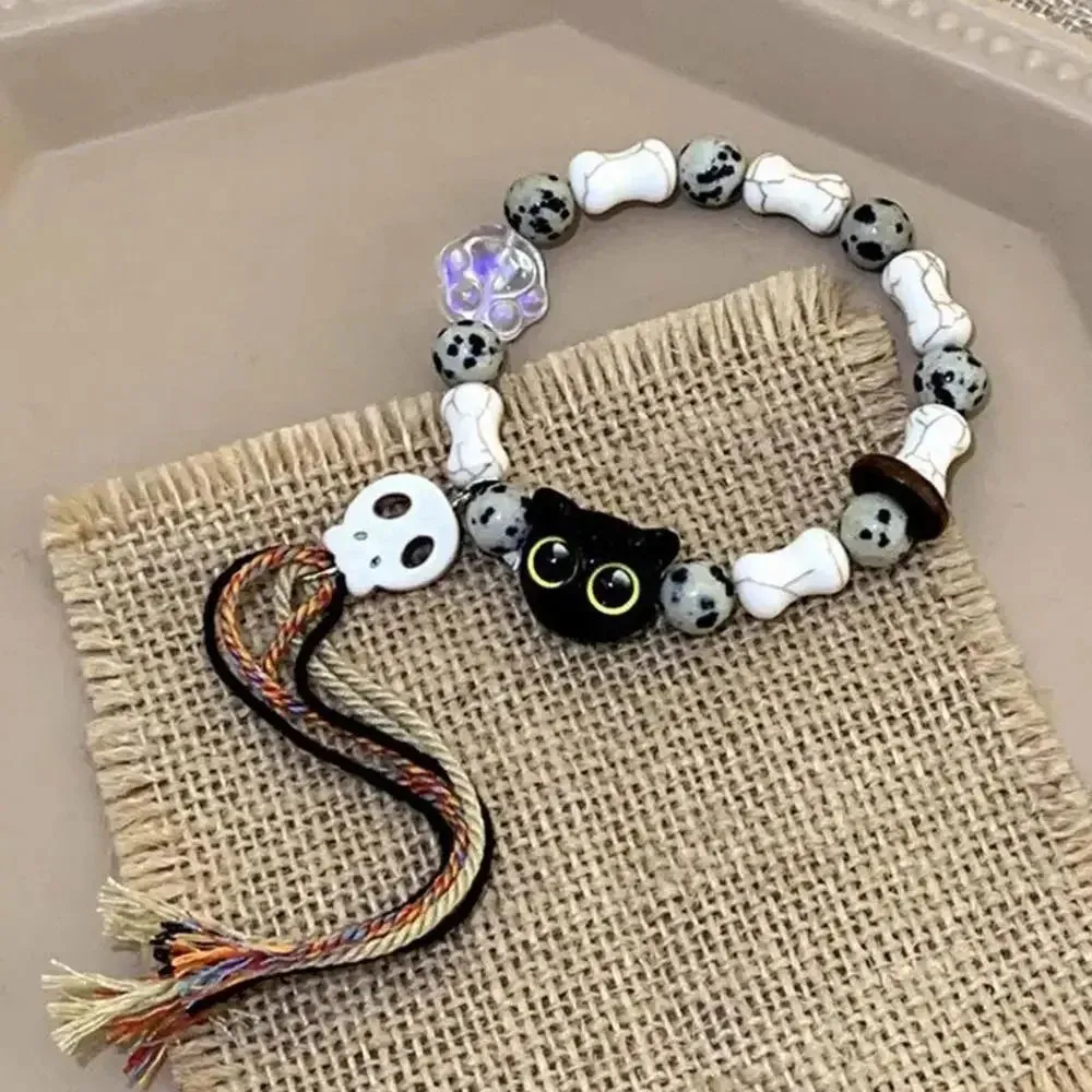 Matching Couple Bracelets - Luminous Black White Cat Head Bangles for Women Men - Glow-in-the-Dark Friendship Gift