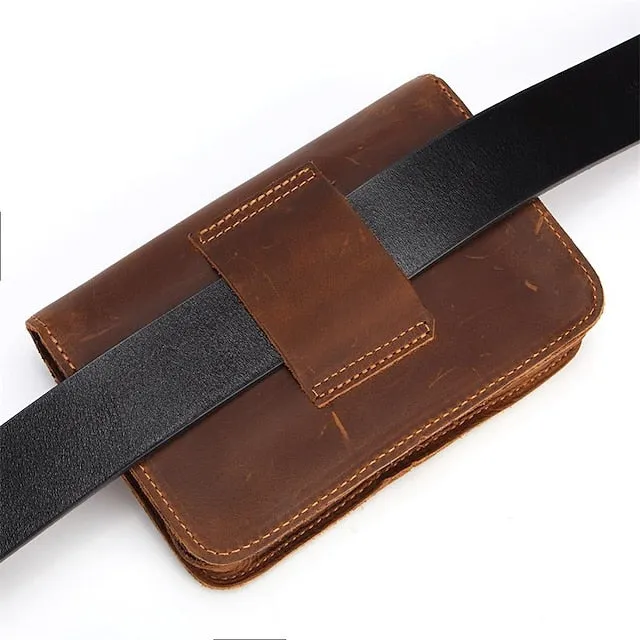 Men's Fanny Waist Bag Crazy Horse Genuine Leather Waist Packs Belt Loop Hip Hook Bum Bag Handmade Travel Small Phone Waist Pouch