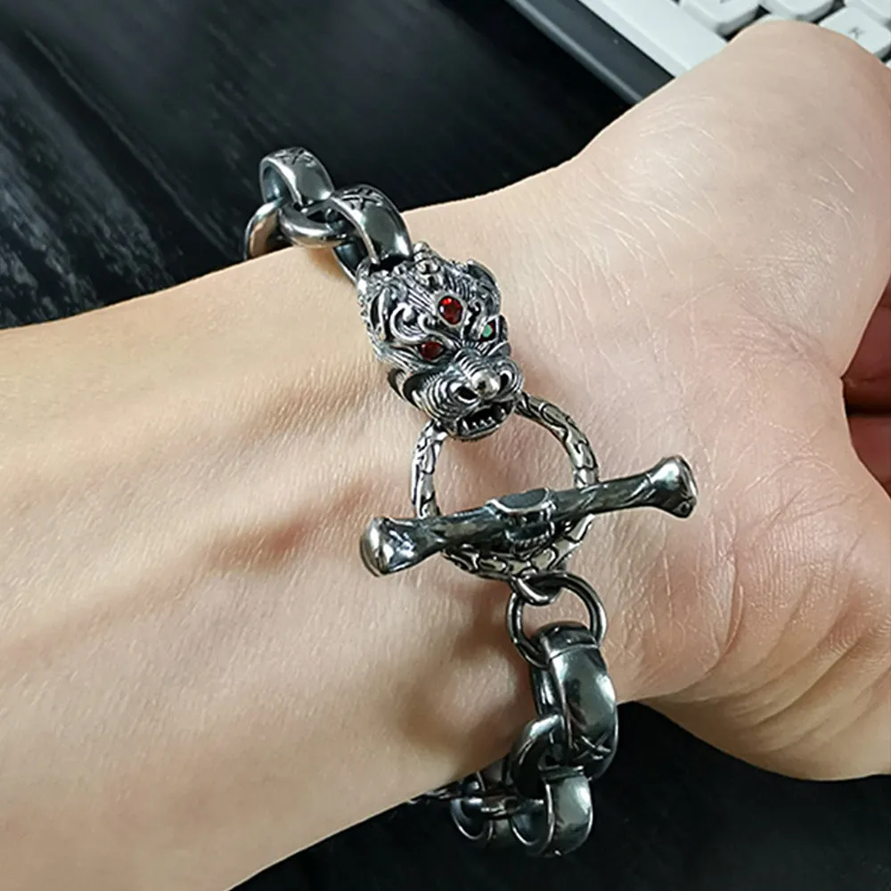 Men's Real Solid 925 Sterling Silver Bracelets Dragon Animals Oval Loop OT-Buckle Jewelry 8.5"