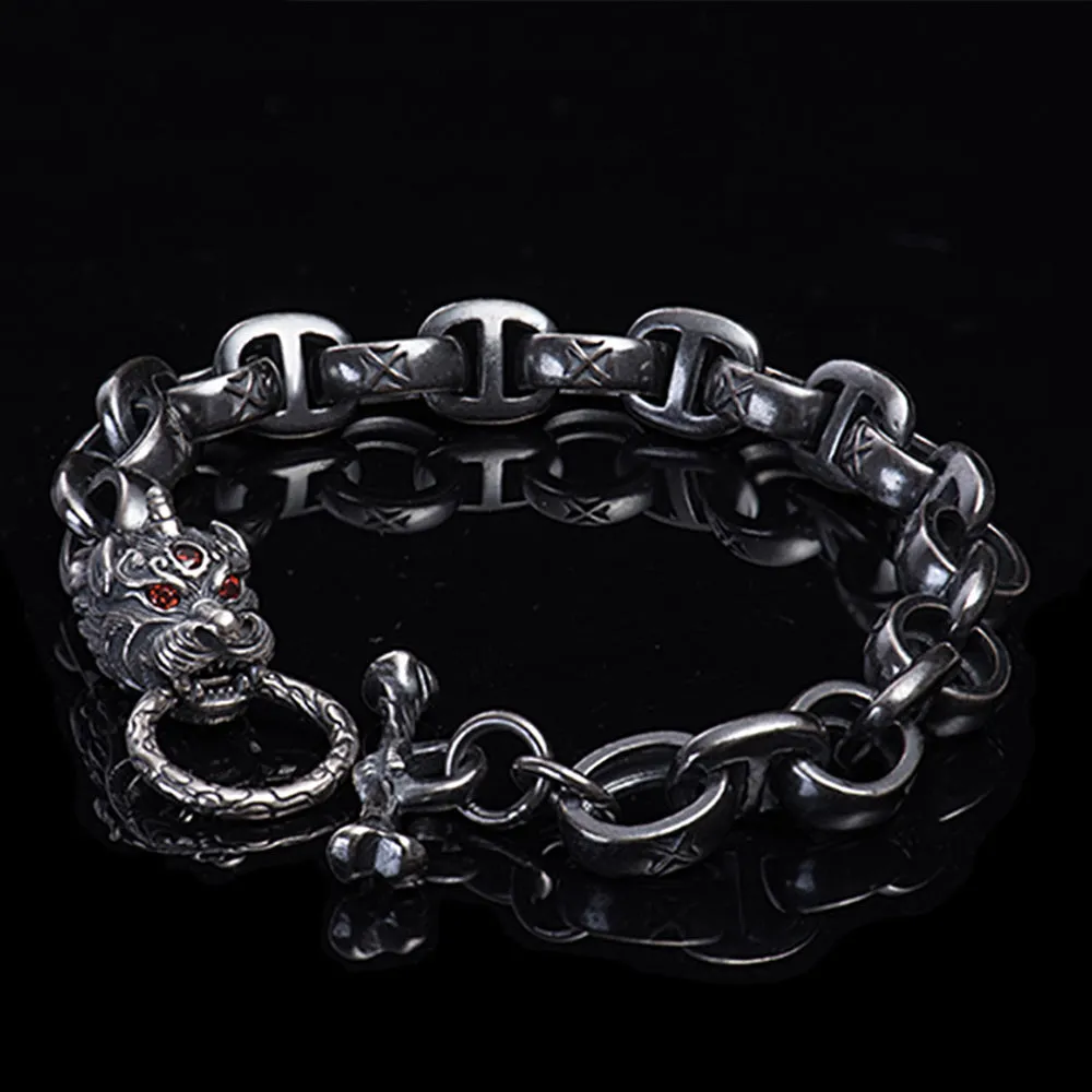 Men's Real Solid 925 Sterling Silver Bracelets Dragon Animals Oval Loop OT-Buckle Jewelry 8.5"