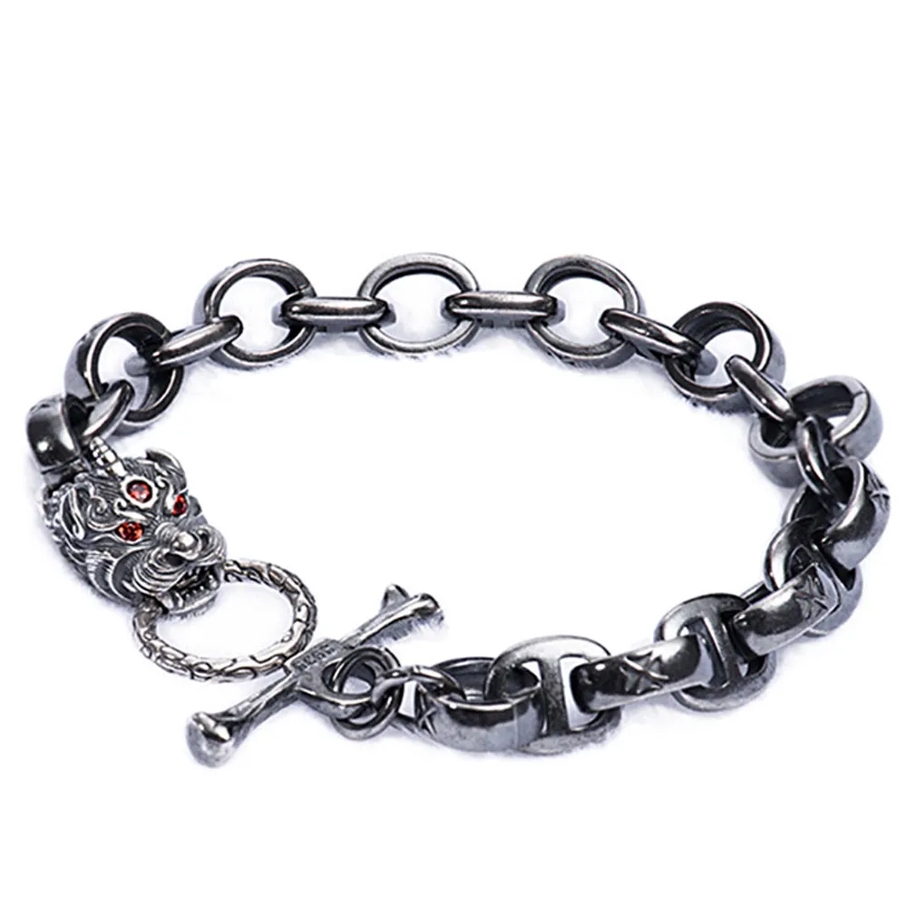 Men's Real Solid 925 Sterling Silver Bracelets Dragon Animals Oval Loop OT-Buckle Jewelry 8.5"