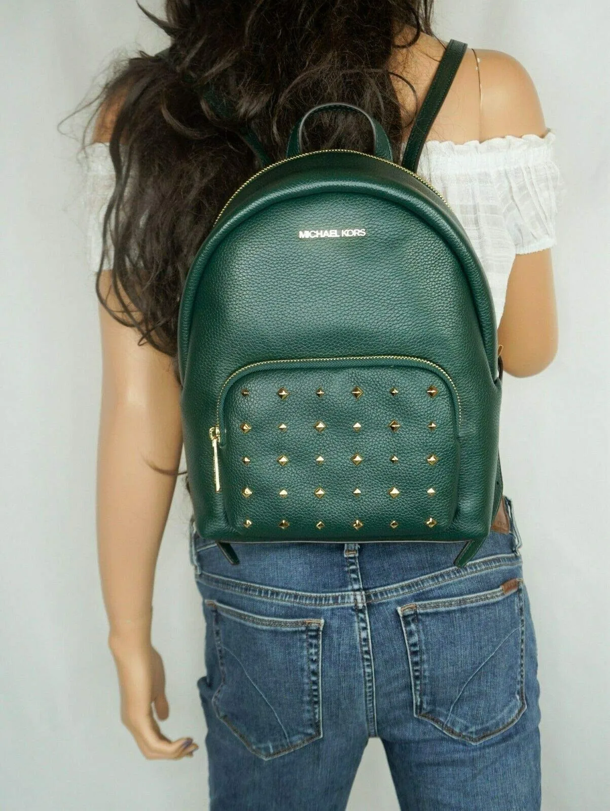 MICHAEL KORS ERIN MEDIUM BACKPACK PEBBLED LEATHER RACING GREEN STUDS