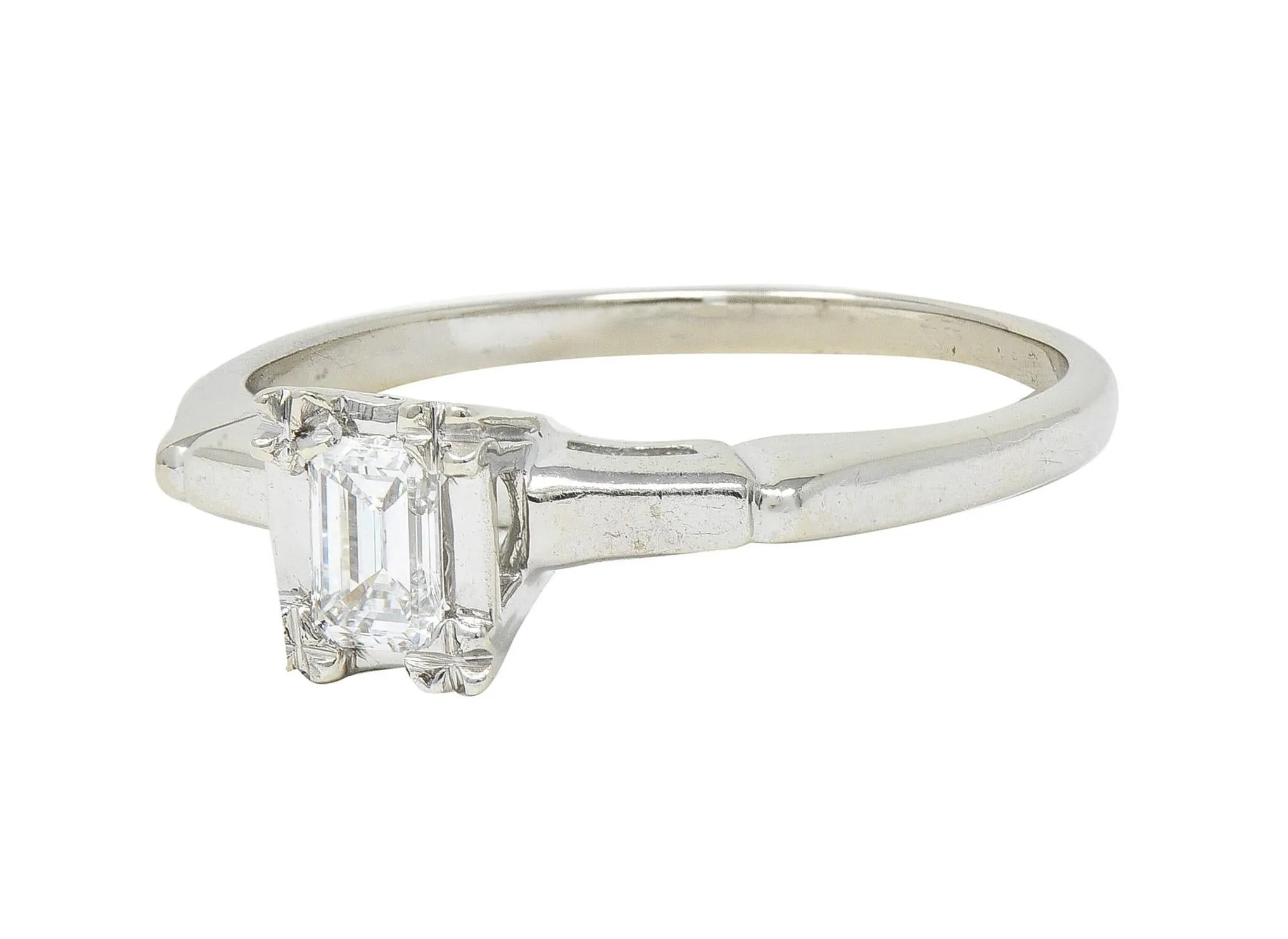 Mid-Century 0.25 CTW Emerald Cut Platinum 14 Karat White Gold Solitaire Engagement Ring