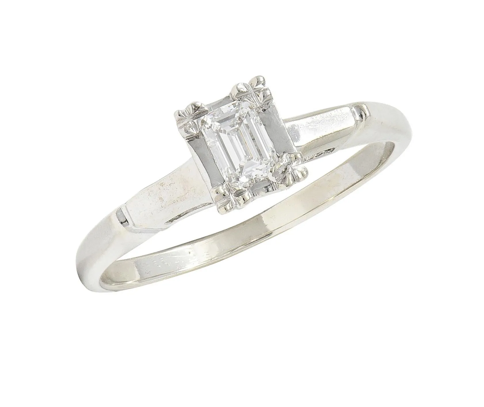 Mid-Century 0.25 CTW Emerald Cut Platinum 14 Karat White Gold Solitaire Engagement Ring