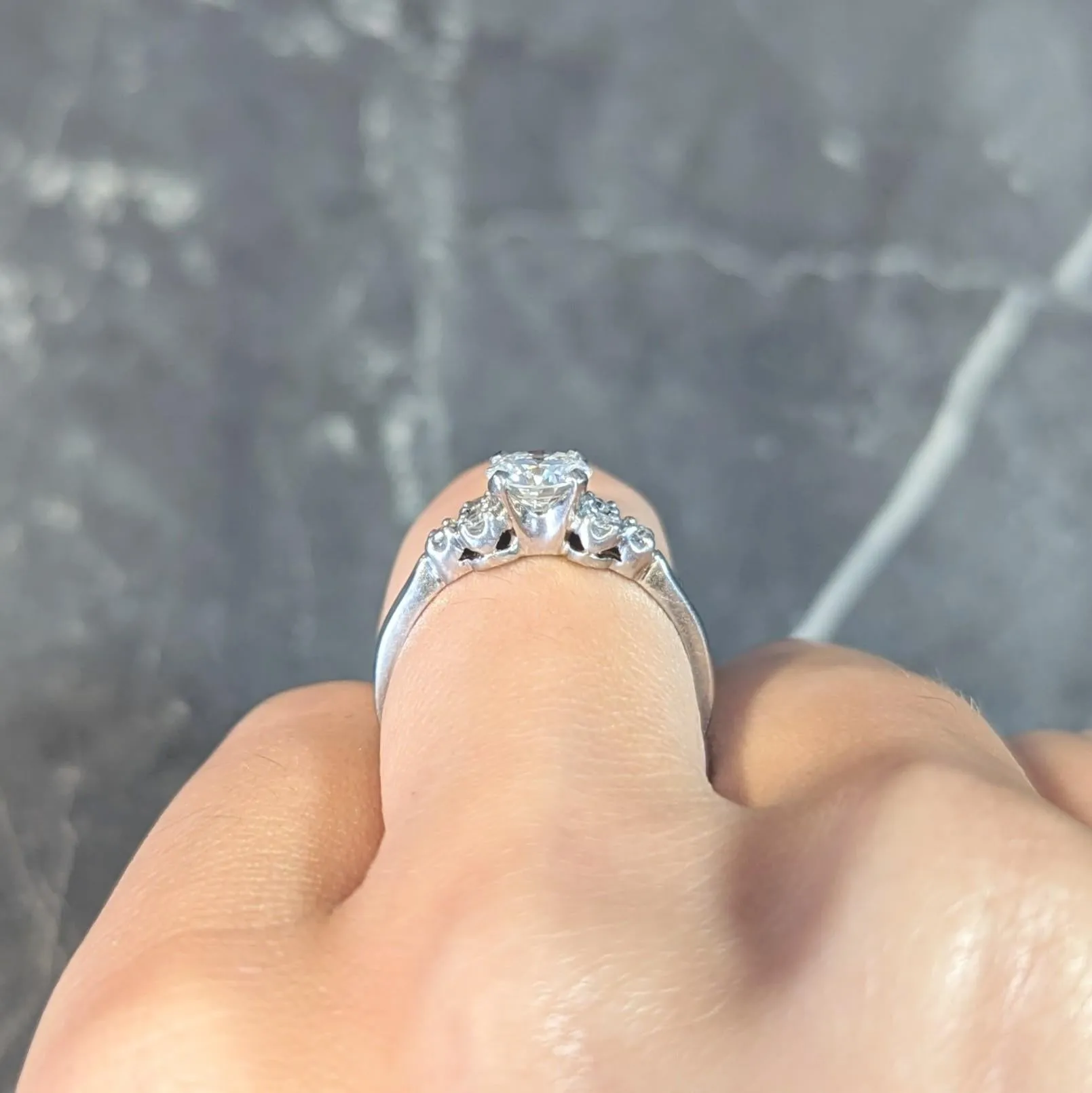 Mid-Century 0.95 CTW Diamond 18 Karat White Gold Fishtail Vintage Engagement Ring