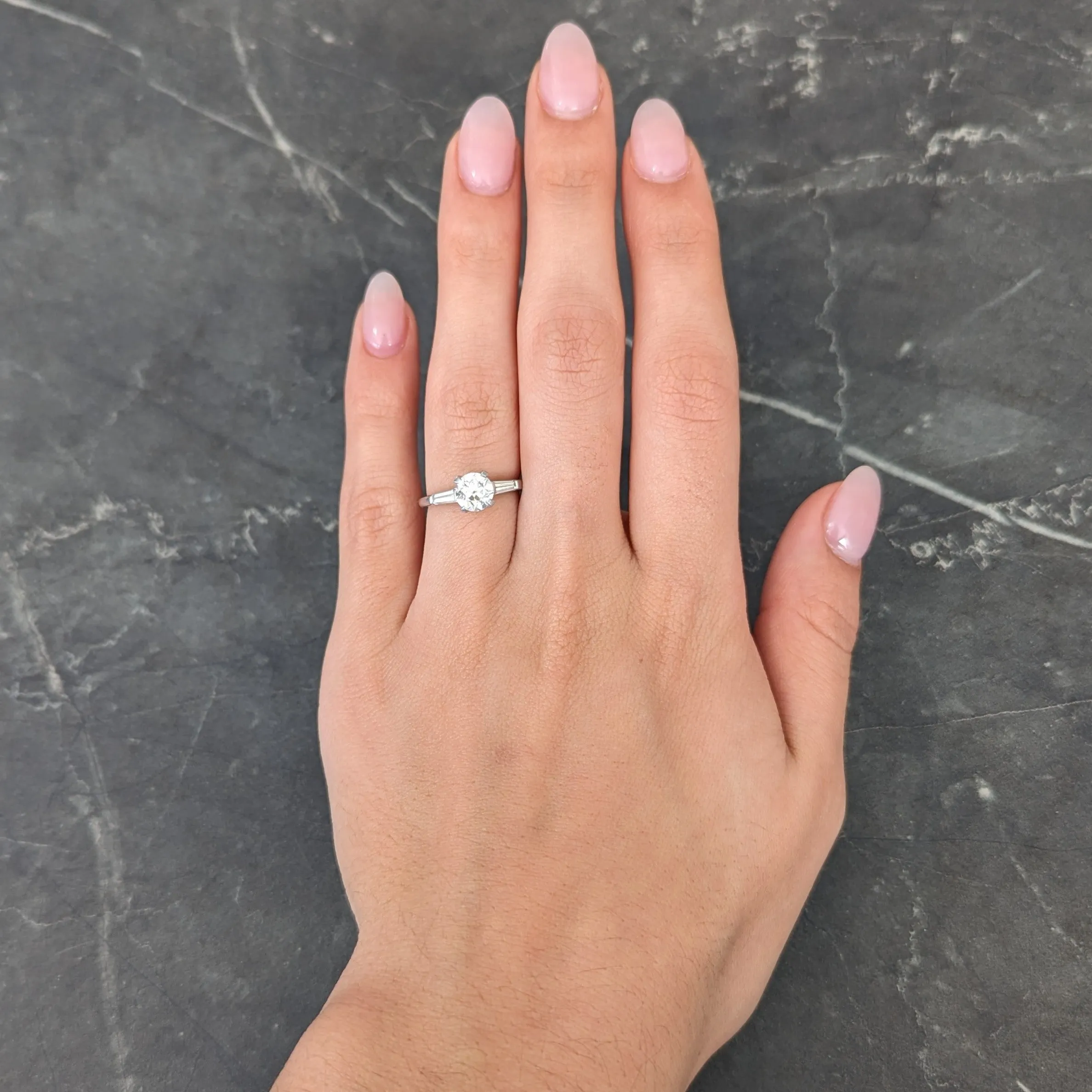 Mid-Century 1.29 CTW Old European Cut Diamond Platinum Three Stone Vintage Engagement Ring GIA