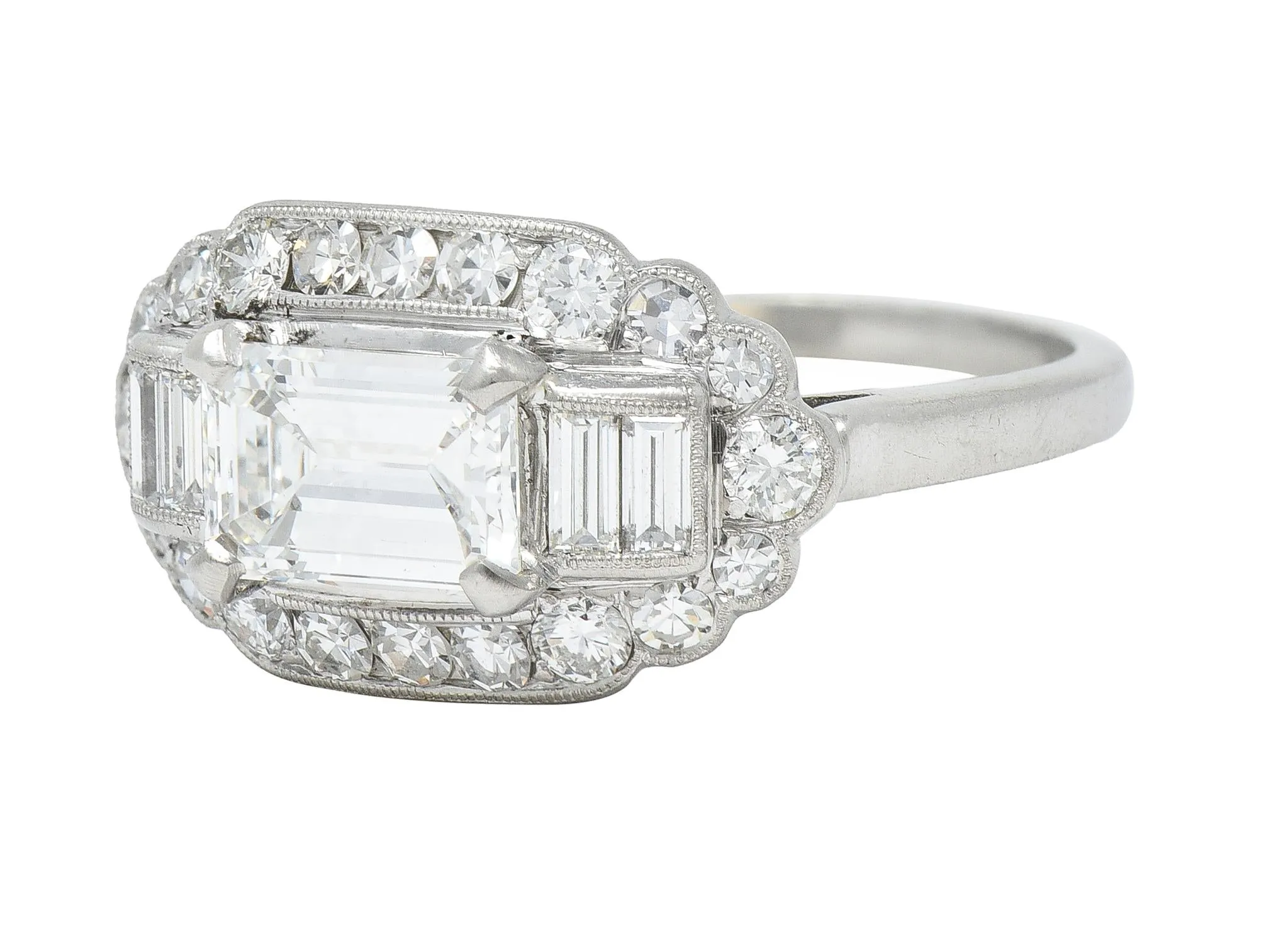 Mid-Century 1.85 CTW Emerald Cut Diamond Platinum Halo Vintage Dinner Ring GIA