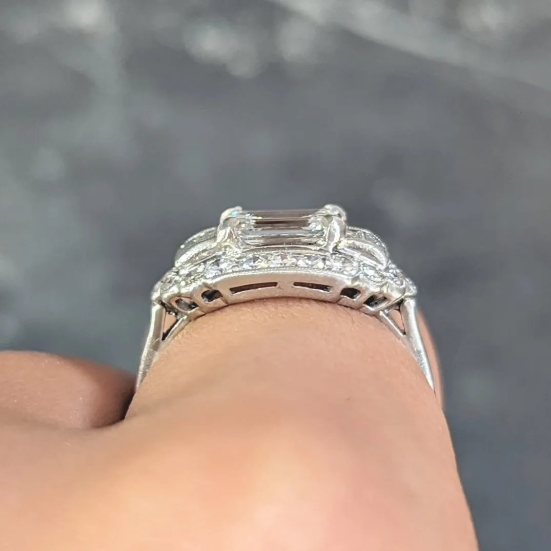 Mid-Century 1.85 CTW Emerald Cut Diamond Platinum Halo Vintage Dinner Ring GIA