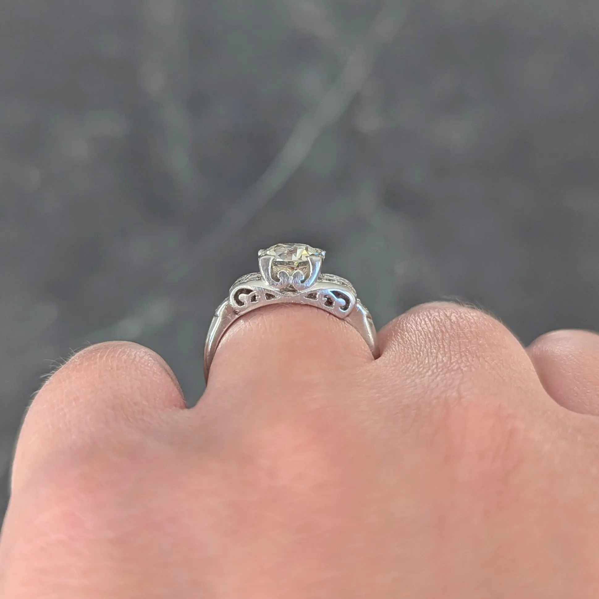 Mid-Century 1.95 CTW Old European Diamond Platinum Scrolled Vintage Engagement Ring GIA