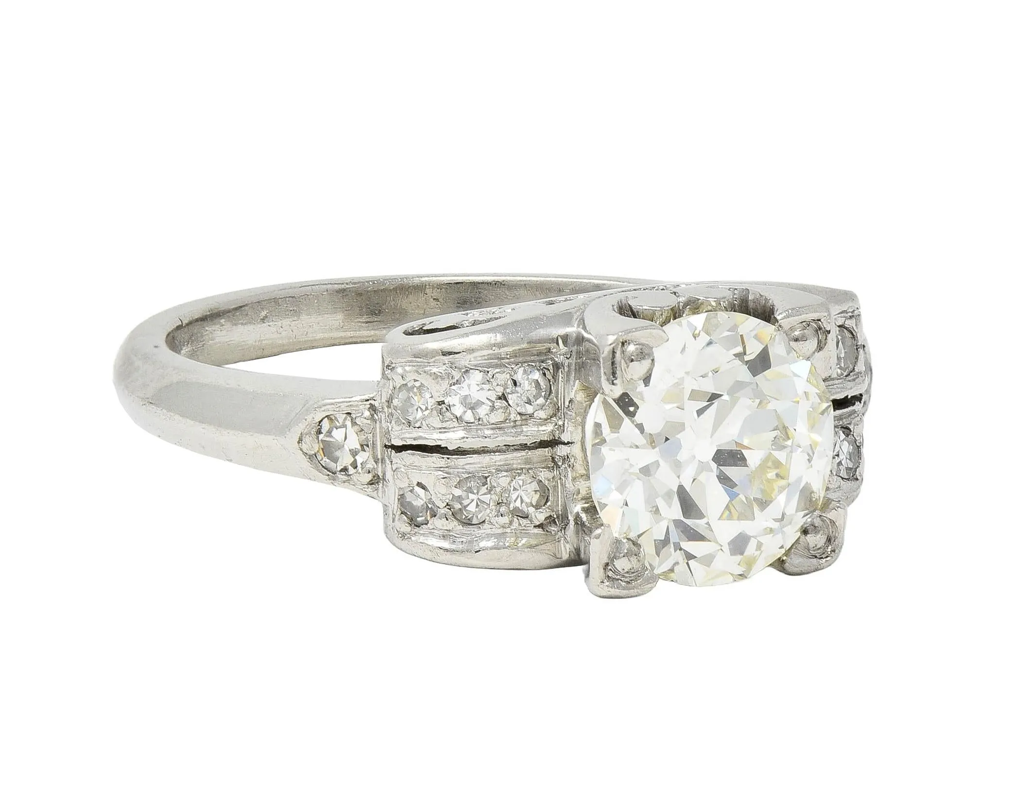 Mid-Century 1.95 CTW Old European Diamond Platinum Scrolled Vintage Engagement Ring GIA