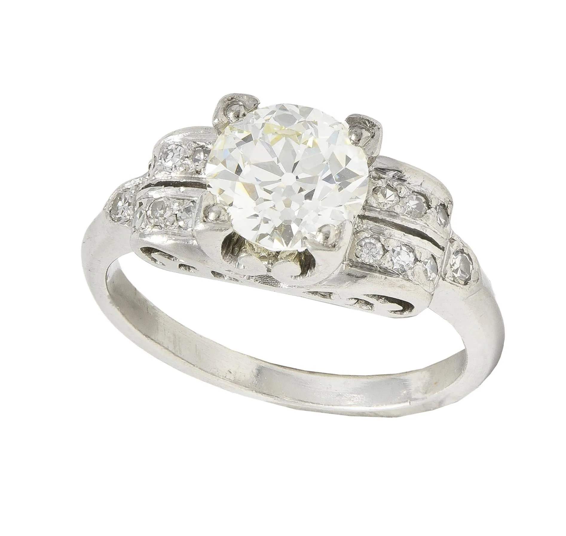 Mid-Century 1.95 CTW Old European Diamond Platinum Scrolled Vintage Engagement Ring GIA