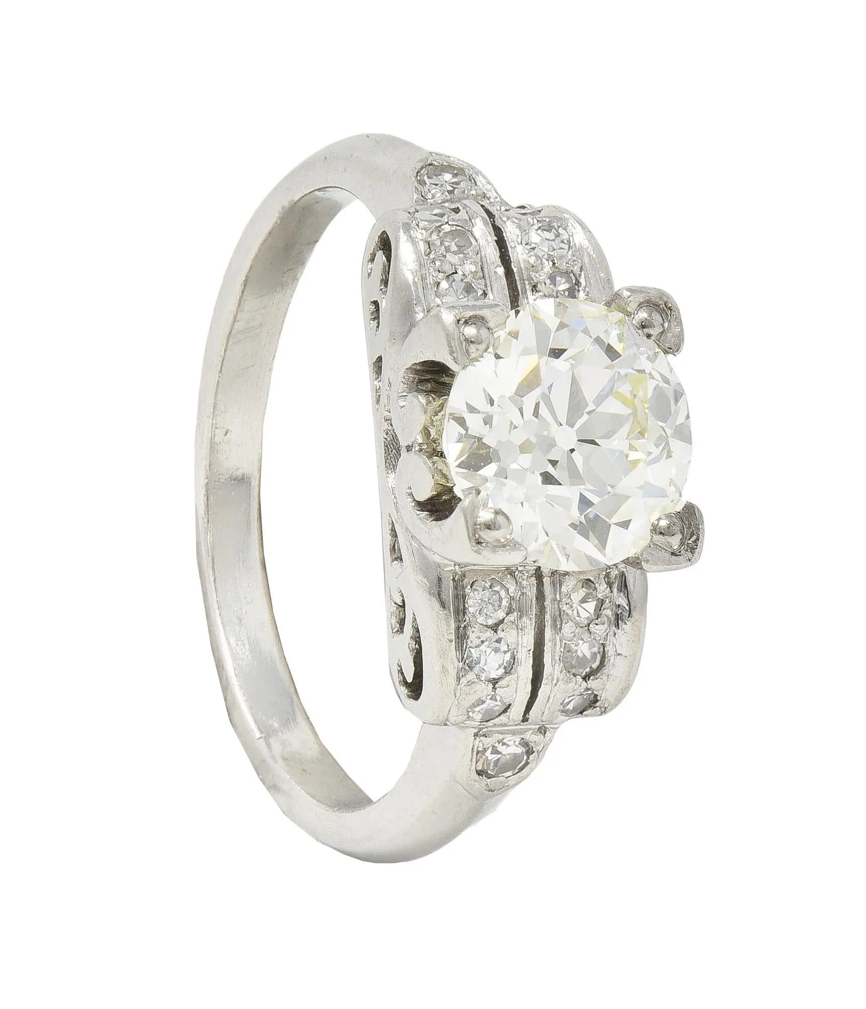 Mid-Century 1.95 CTW Old European Diamond Platinum Scrolled Vintage Engagement Ring GIA