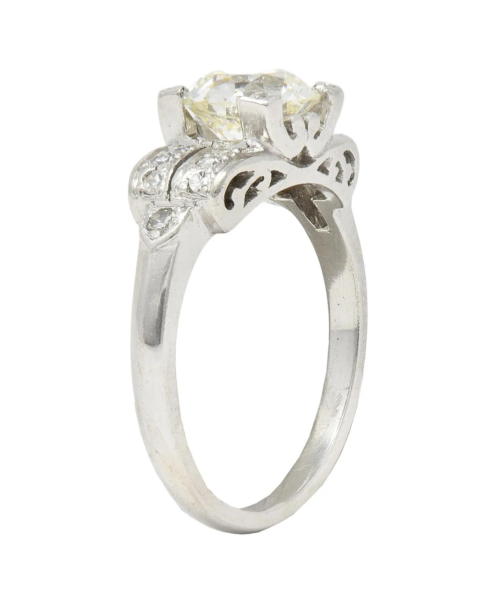 Mid-Century 1.95 CTW Old European Diamond Platinum Scrolled Vintage Engagement Ring GIA