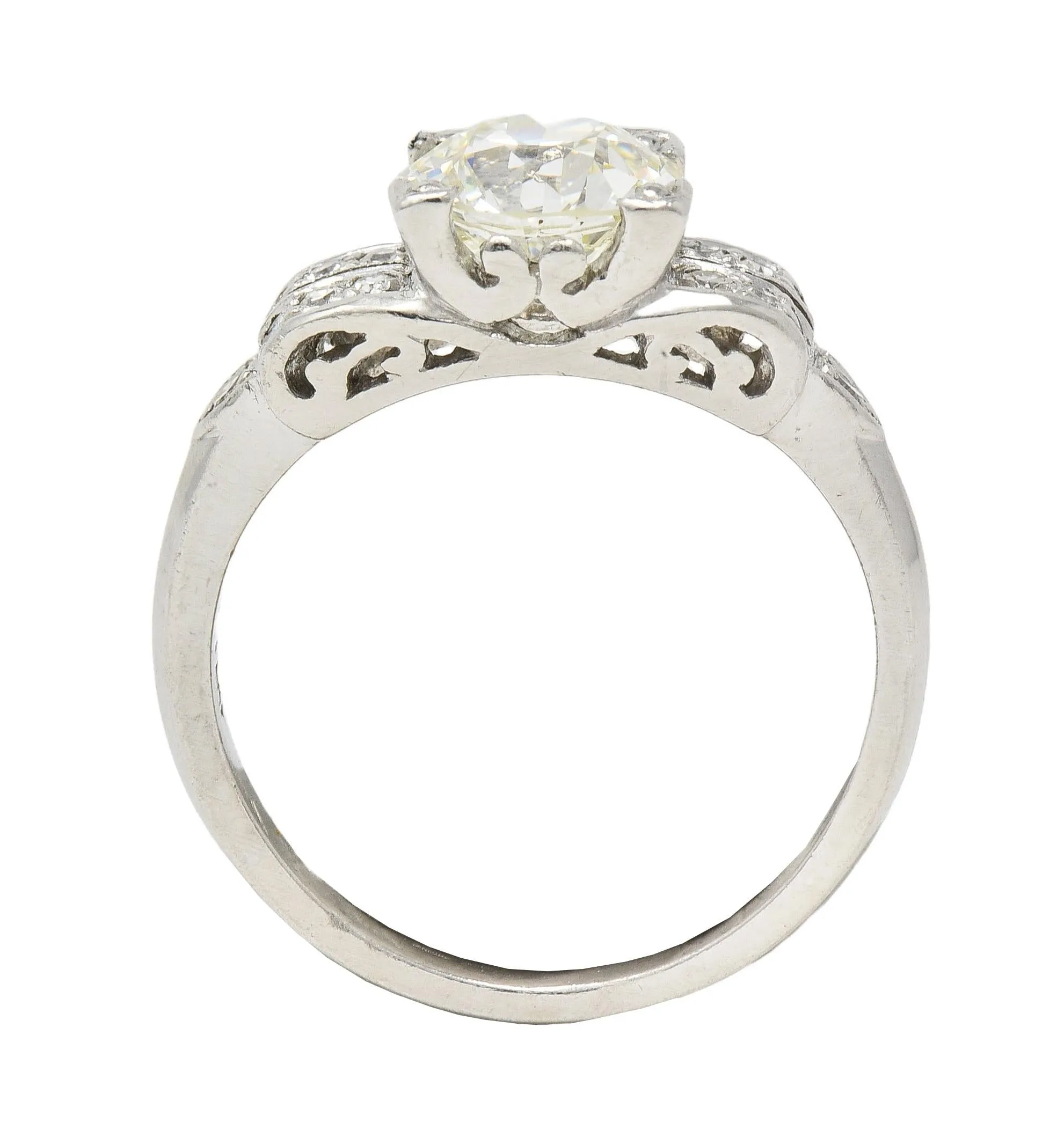 Mid-Century 1.95 CTW Old European Diamond Platinum Scrolled Vintage Engagement Ring GIA