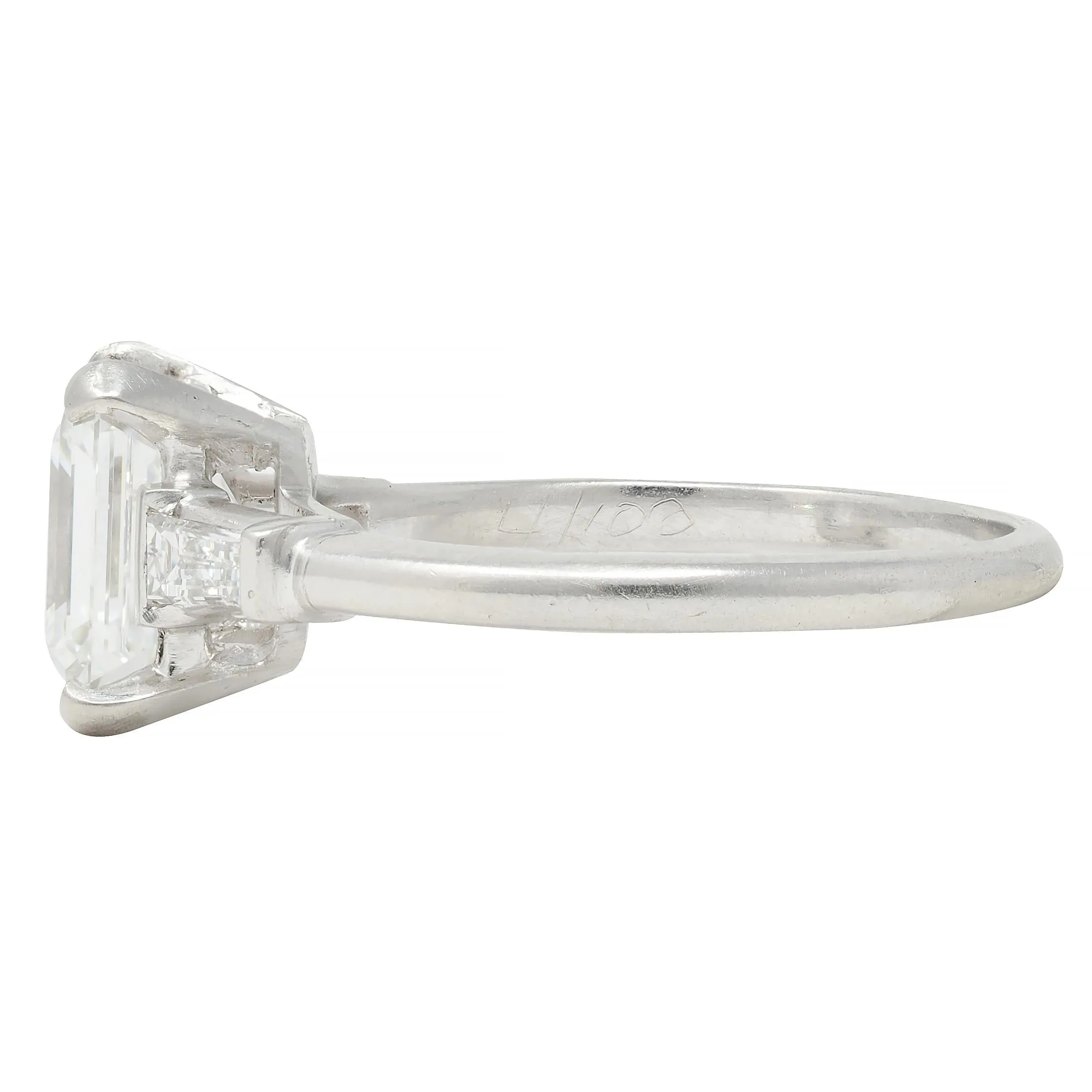 Mid-Century 2.17 CTW Emerald Cut Diamond Platinum Three Stone Vintage Engagement Ring GIA