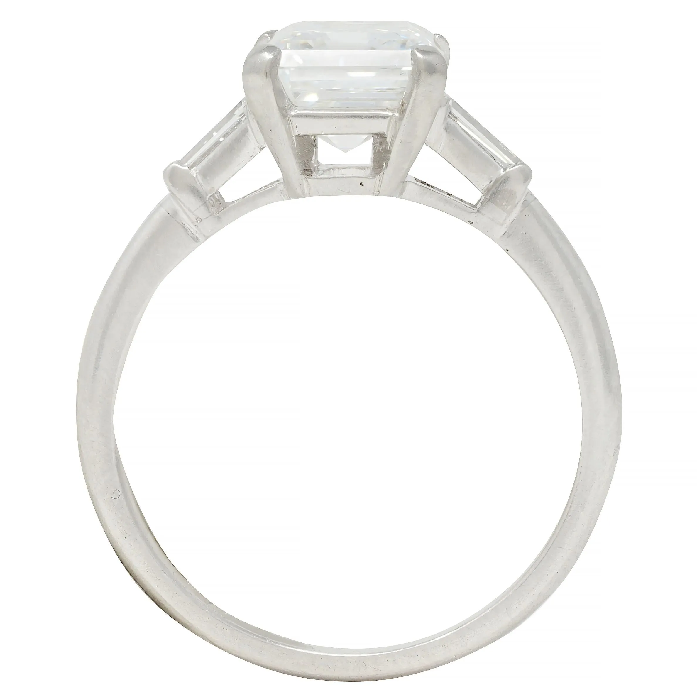 Mid-Century 2.17 CTW Emerald Cut Diamond Platinum Three Stone Vintage Engagement Ring GIA