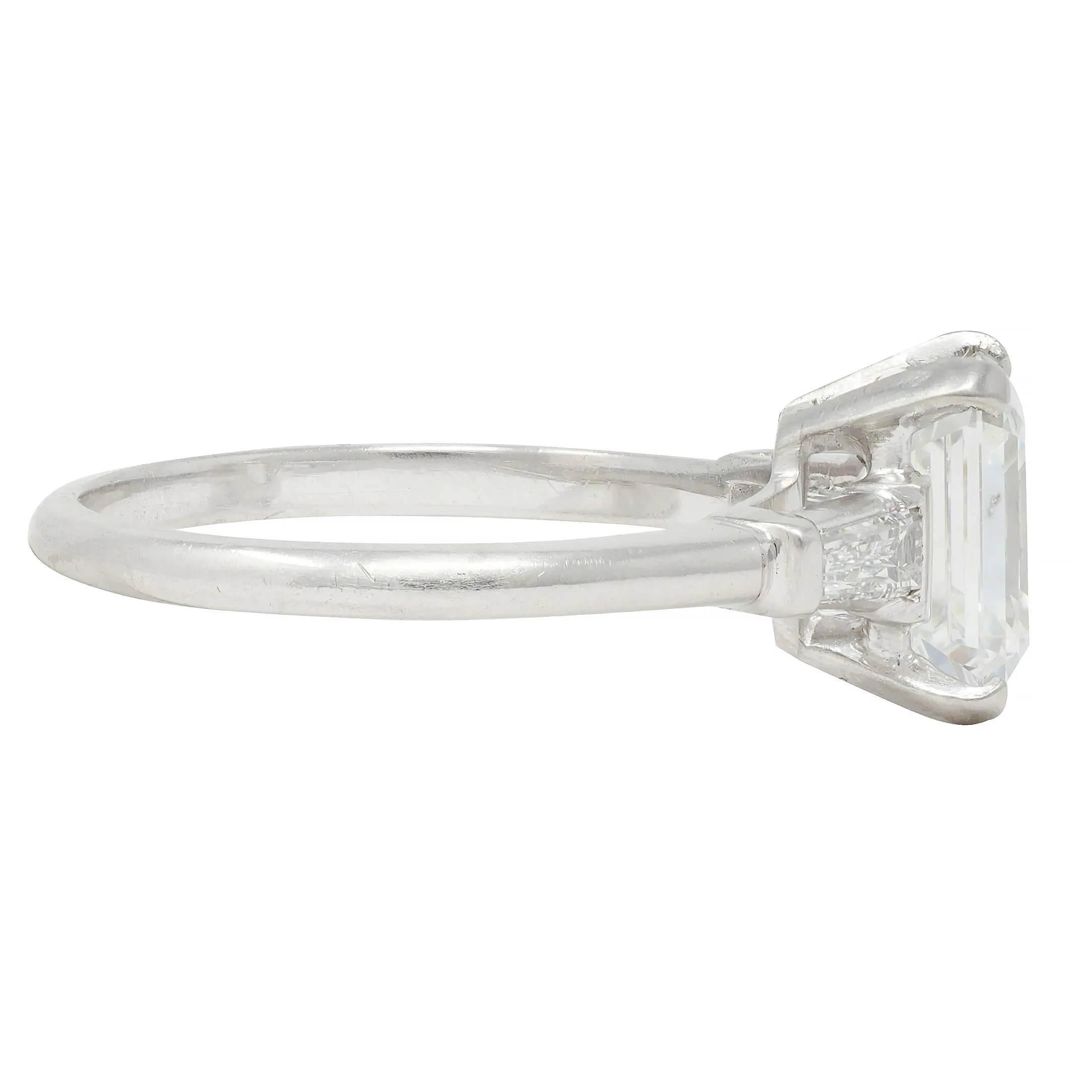 Mid-Century 2.17 CTW Emerald Cut Diamond Platinum Three Stone Vintage Engagement Ring GIA