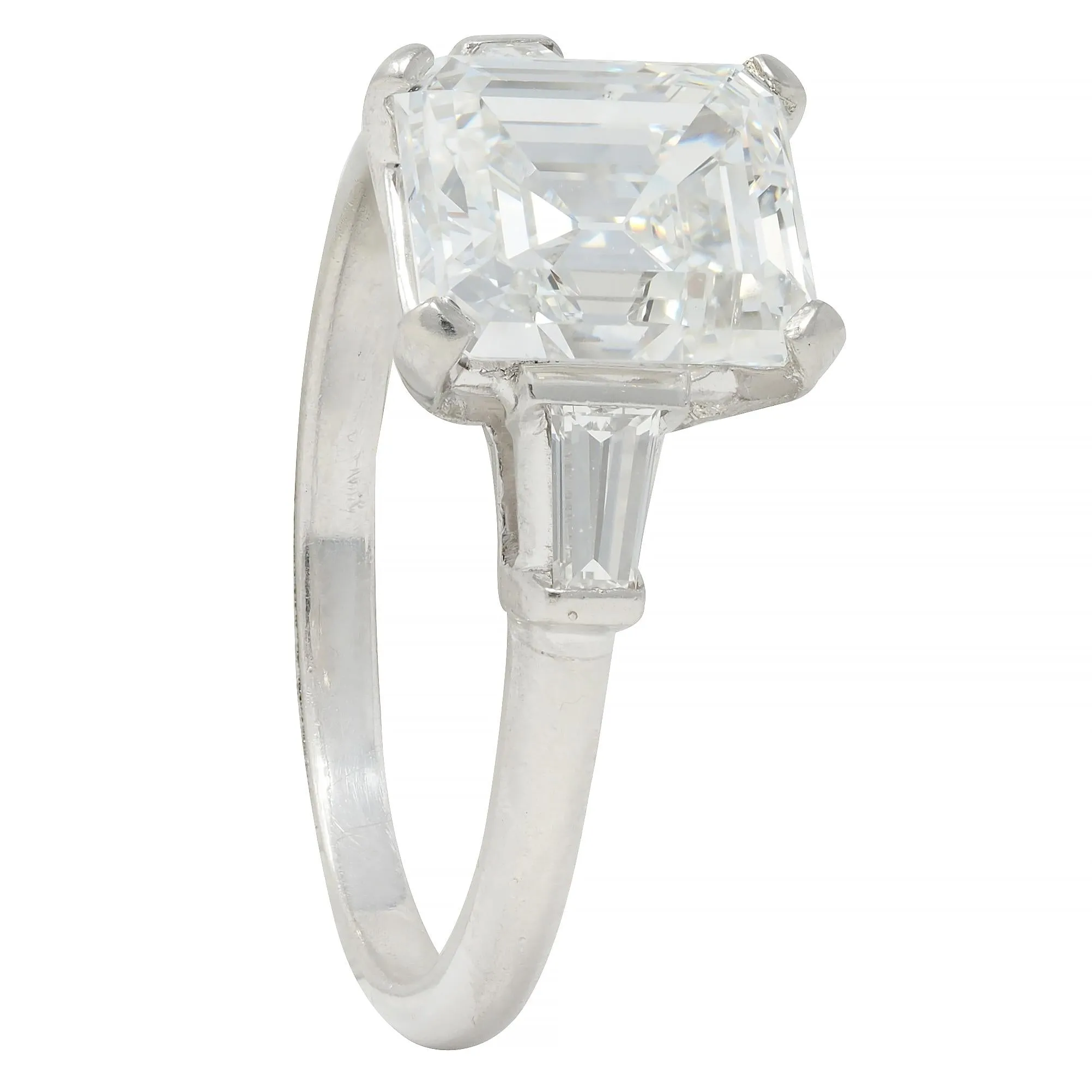 Mid-Century 2.17 CTW Emerald Cut Diamond Platinum Three Stone Vintage Engagement Ring GIA