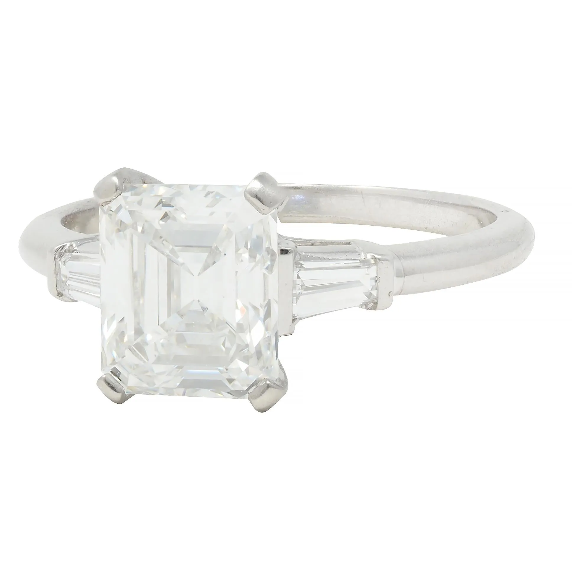 Mid-Century 2.17 CTW Emerald Cut Diamond Platinum Three Stone Vintage Engagement Ring GIA