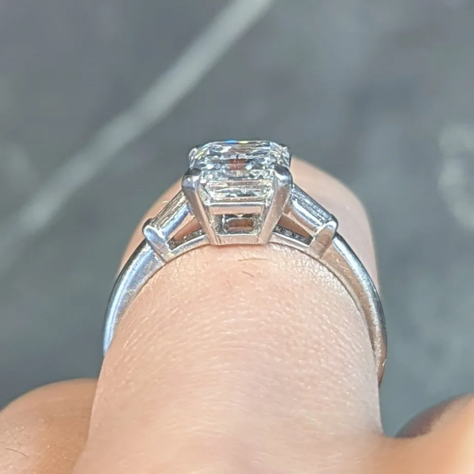 Mid-Century 2.17 CTW Emerald Cut Diamond Platinum Three Stone Vintage Engagement Ring GIA