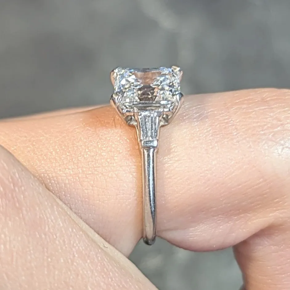 Mid-Century 2.17 CTW Emerald Cut Diamond Platinum Three Stone Vintage Engagement Ring GIA