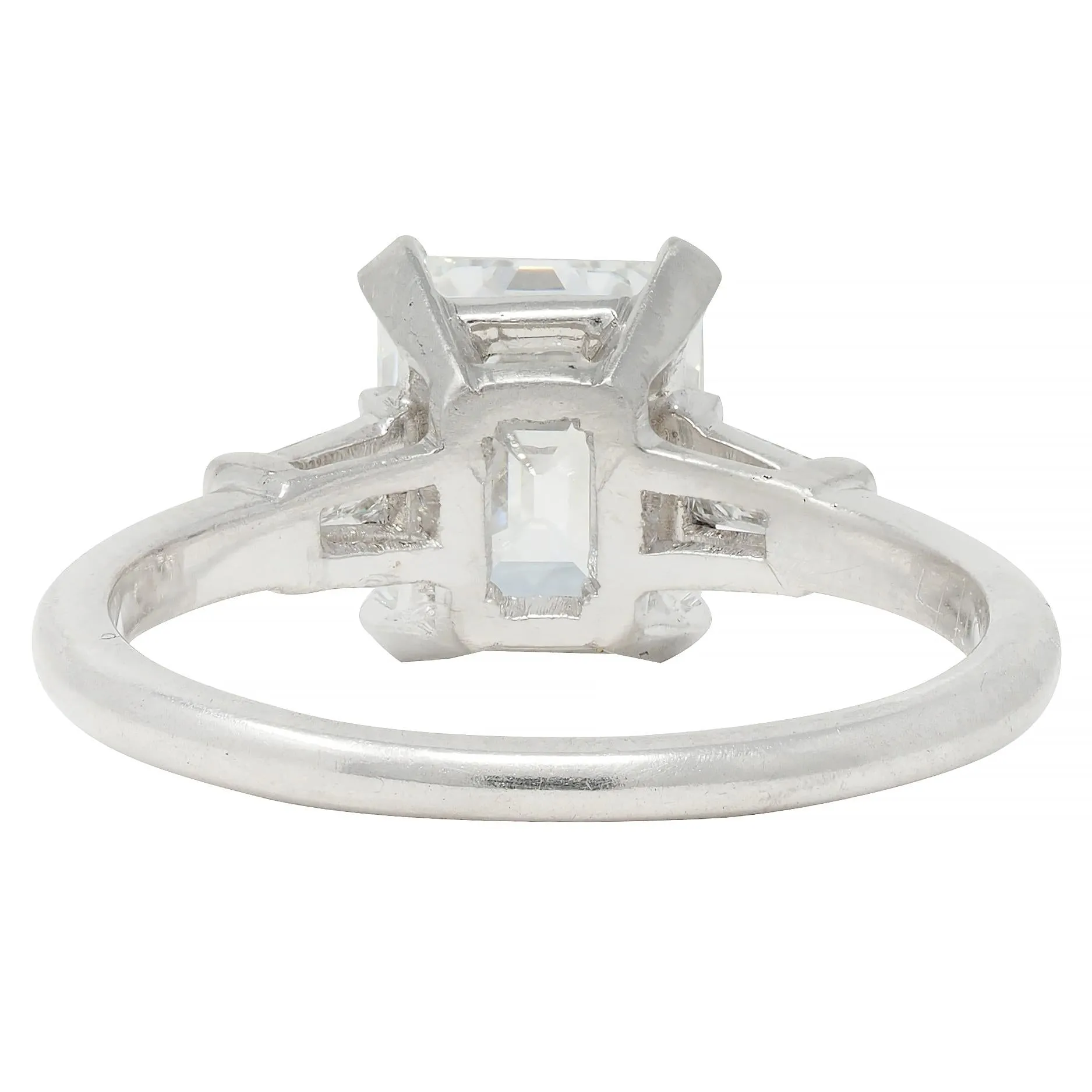 Mid-Century 2.17 CTW Emerald Cut Diamond Platinum Three Stone Vintage Engagement Ring GIA