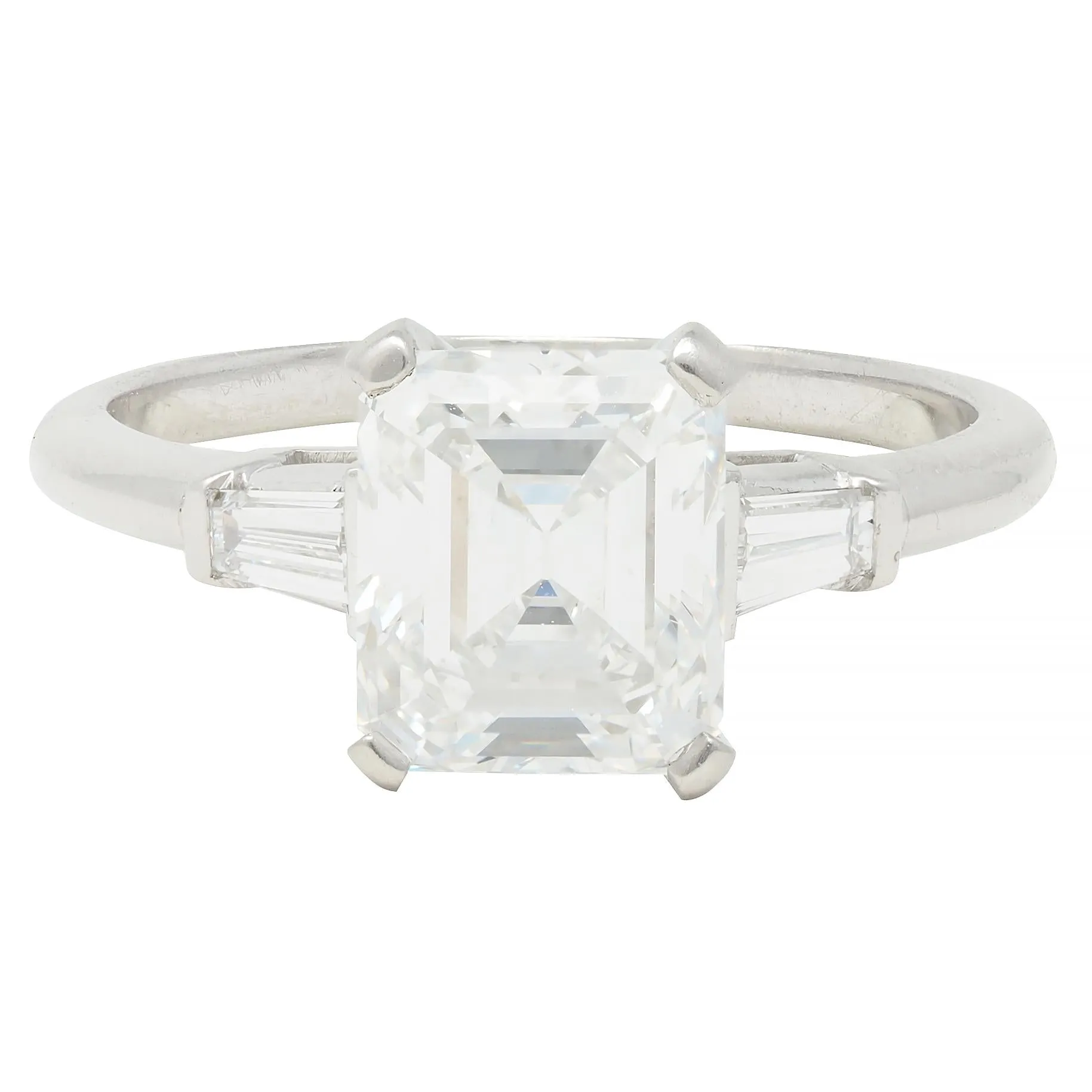 Mid-Century 2.17 CTW Emerald Cut Diamond Platinum Three Stone Vintage Engagement Ring GIA