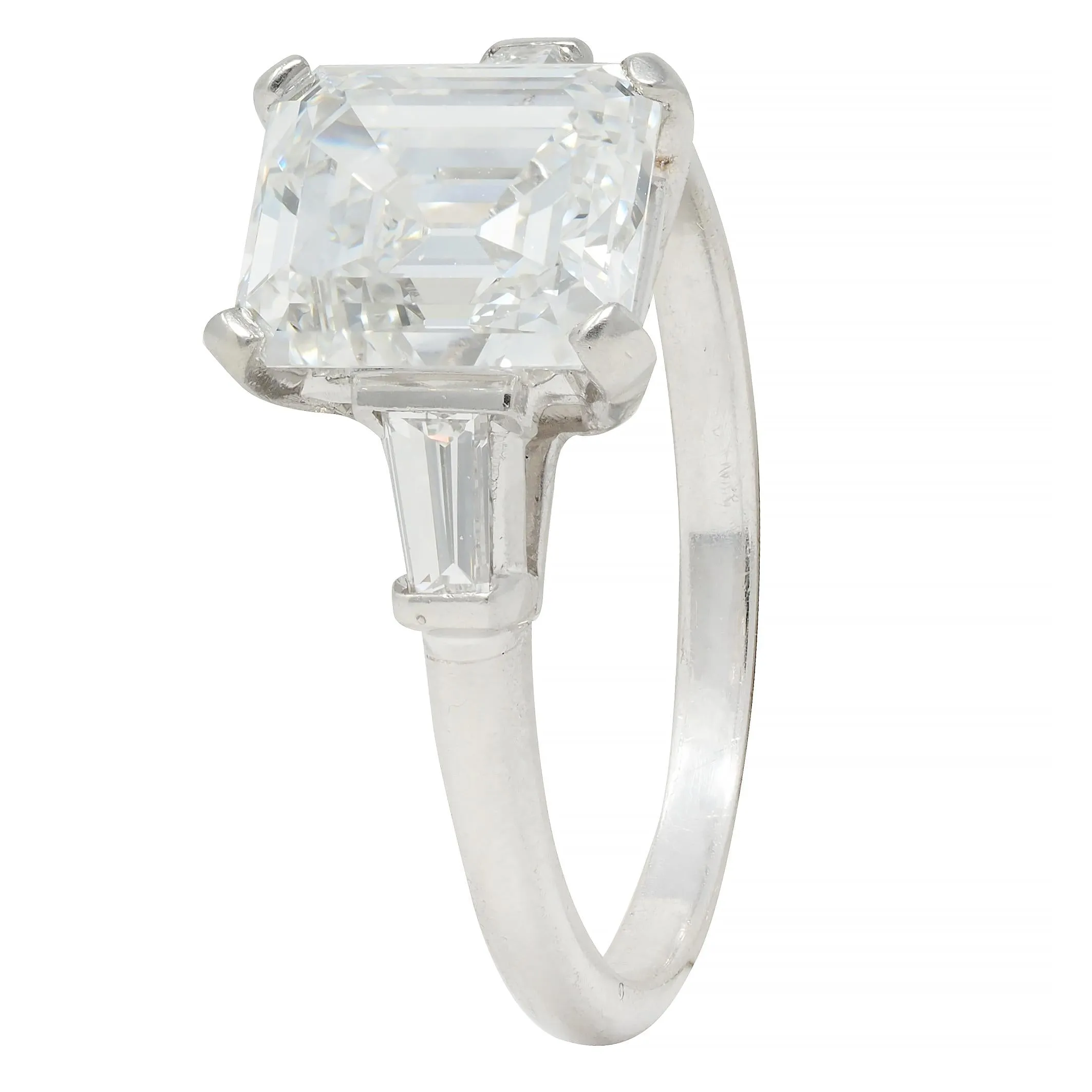 Mid-Century 2.17 CTW Emerald Cut Diamond Platinum Three Stone Vintage Engagement Ring GIA