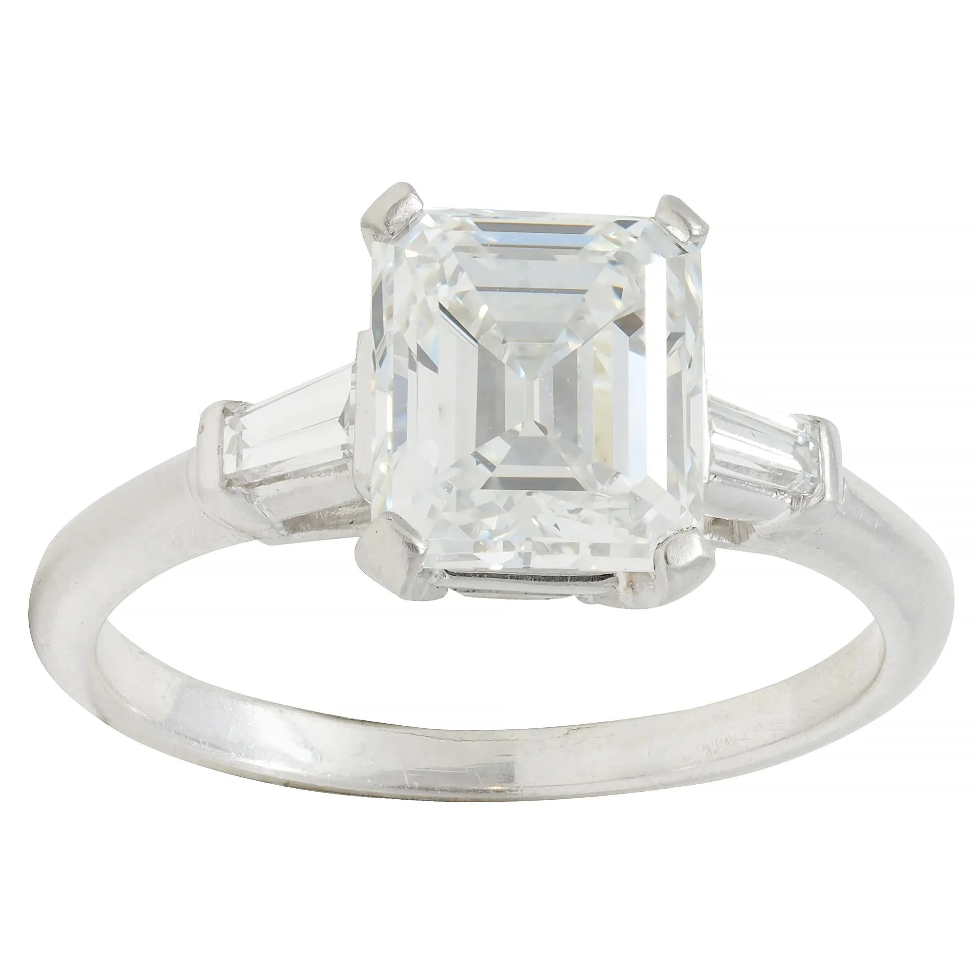 Mid-Century 2.17 CTW Emerald Cut Diamond Platinum Three Stone Vintage Engagement Ring GIA