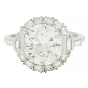 Mid-Century 3.85 CTW European Diamond Platinum Halo Vintage Engagement Ring GIA