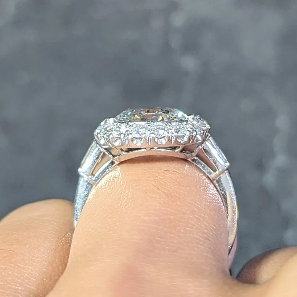 Mid-Century 3.85 CTW European Diamond Platinum Halo Vintage Engagement Ring GIA