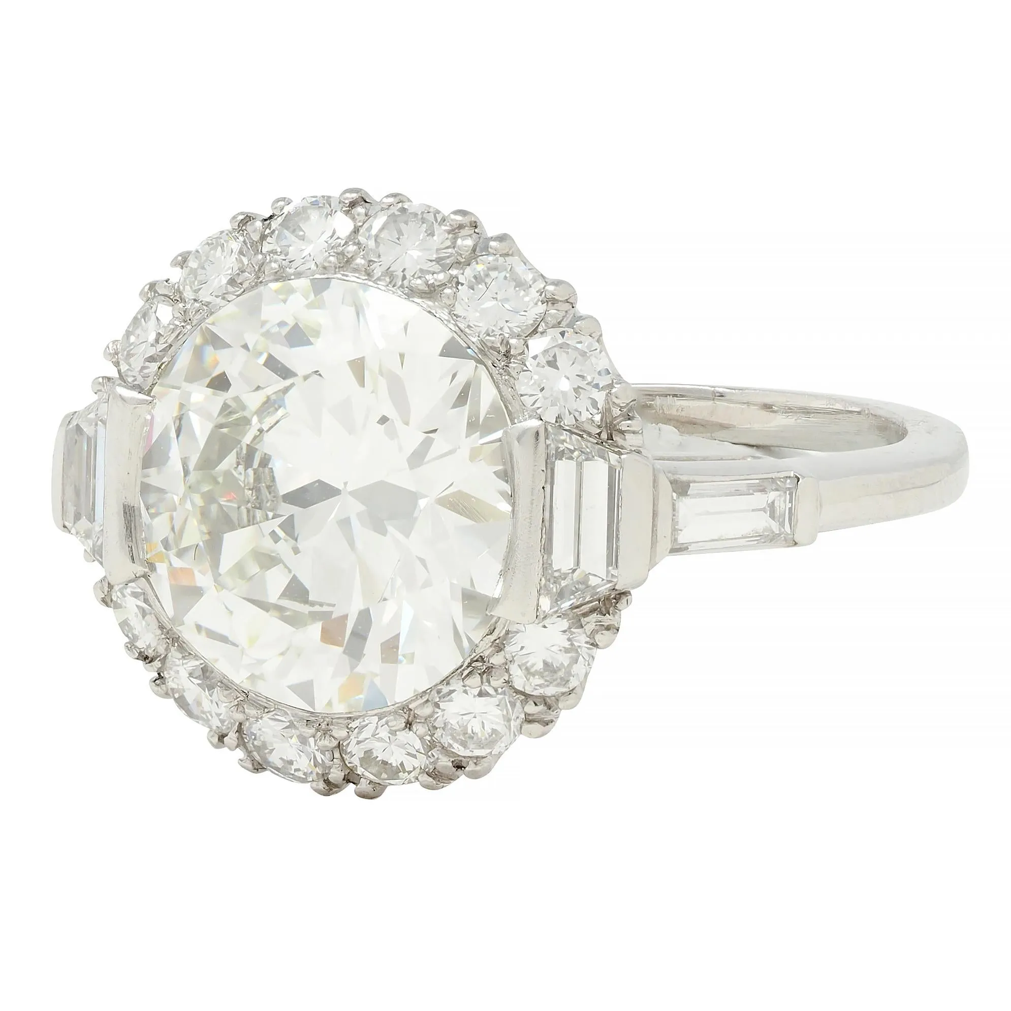 Mid-Century 3.85 CTW European Diamond Platinum Halo Vintage Engagement Ring GIA