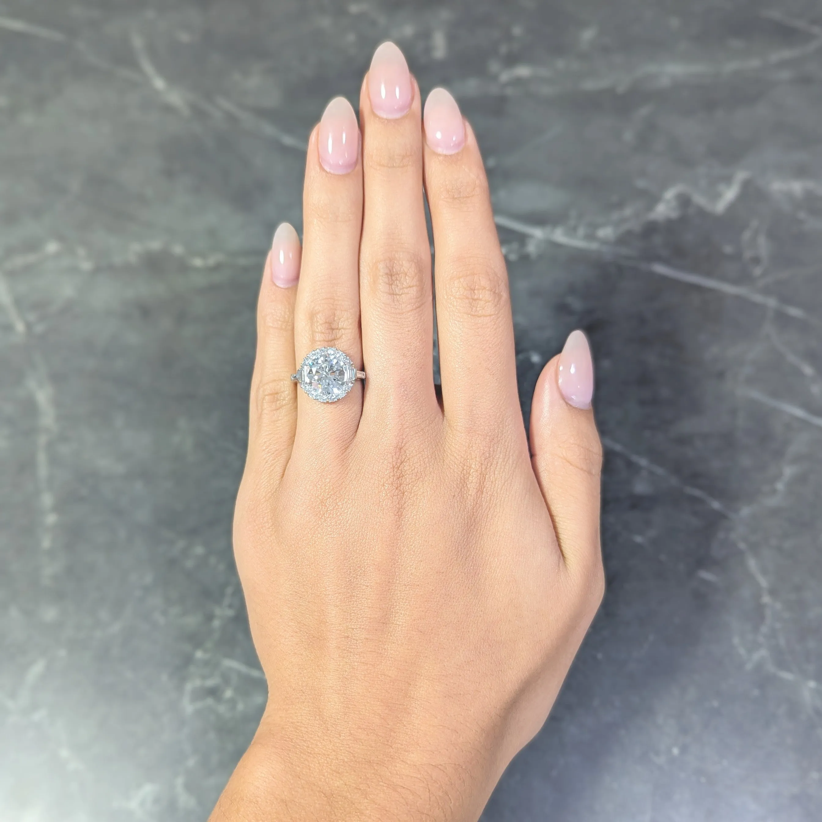 Mid-Century 3.85 CTW European Diamond Platinum Halo Vintage Engagement Ring GIA