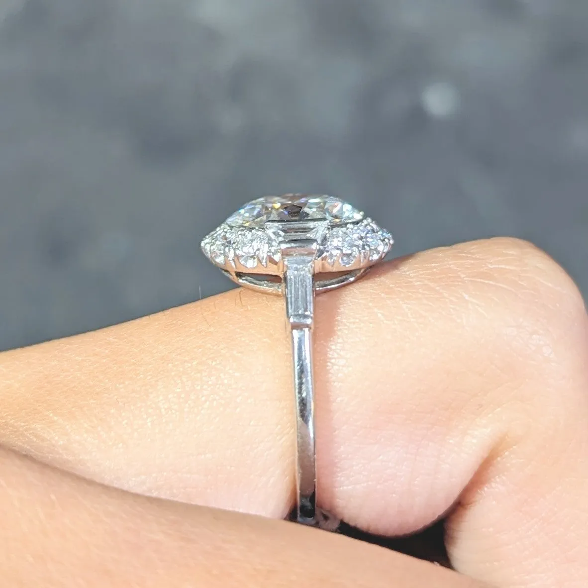 Mid-Century 3.85 CTW European Diamond Platinum Halo Vintage Engagement Ring GIA