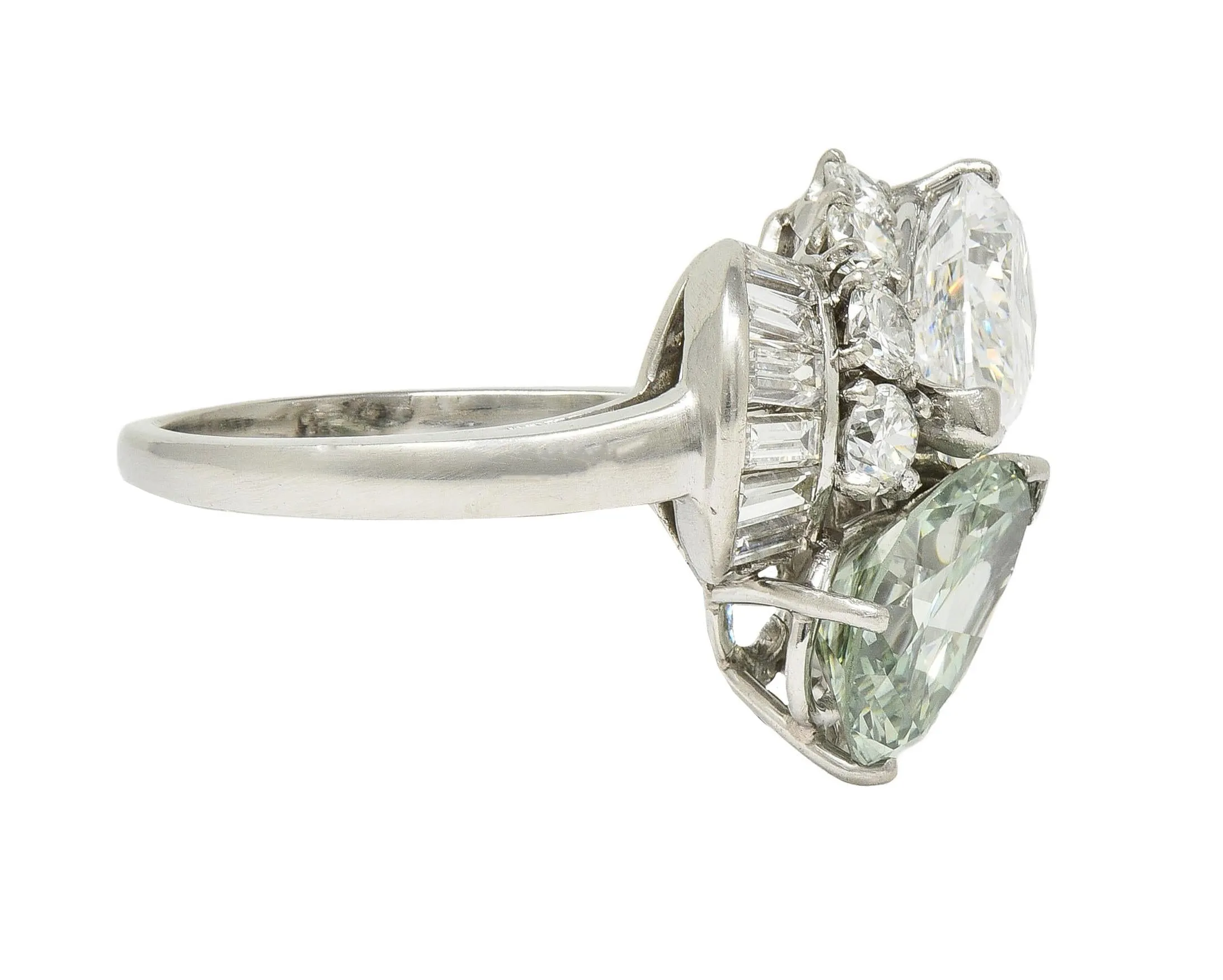 Mid-Century 5.13 CTW Fancy Green Diamond Platinum Toi-Et-Moi Bypass Vintage Dinner Ring GIA
