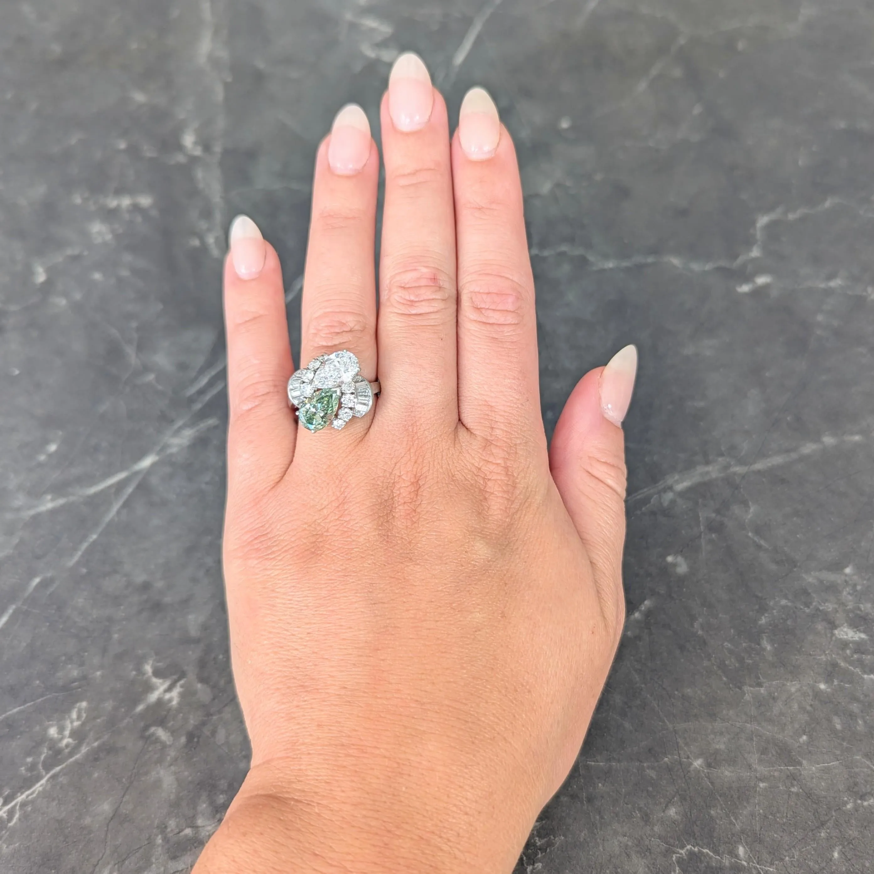 Mid-Century 5.13 CTW Fancy Green Diamond Platinum Toi-Et-Moi Bypass Vintage Dinner Ring GIA