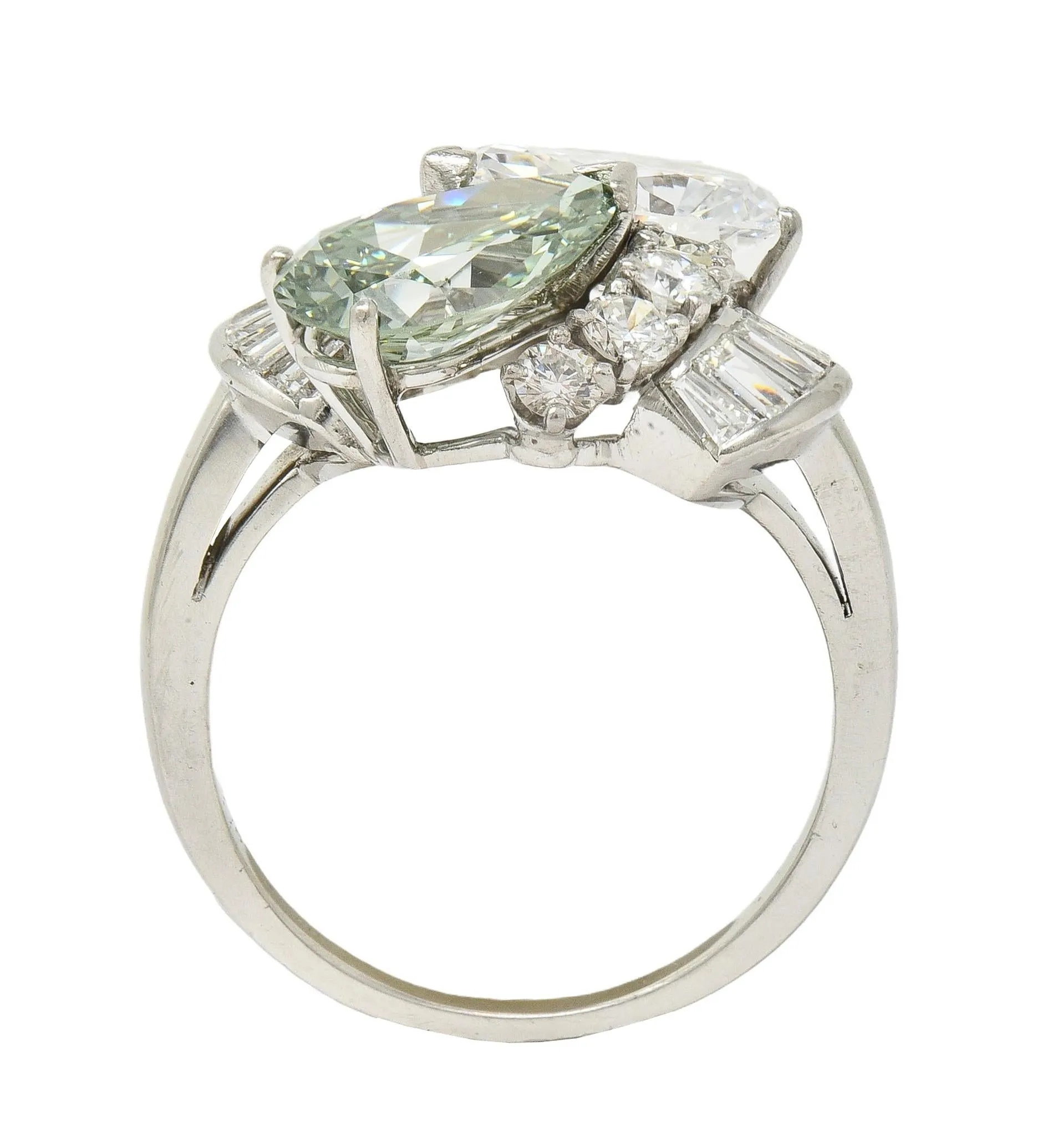 Mid-Century 5.13 CTW Fancy Green Diamond Platinum Toi-Et-Moi Bypass Vintage Dinner Ring GIA