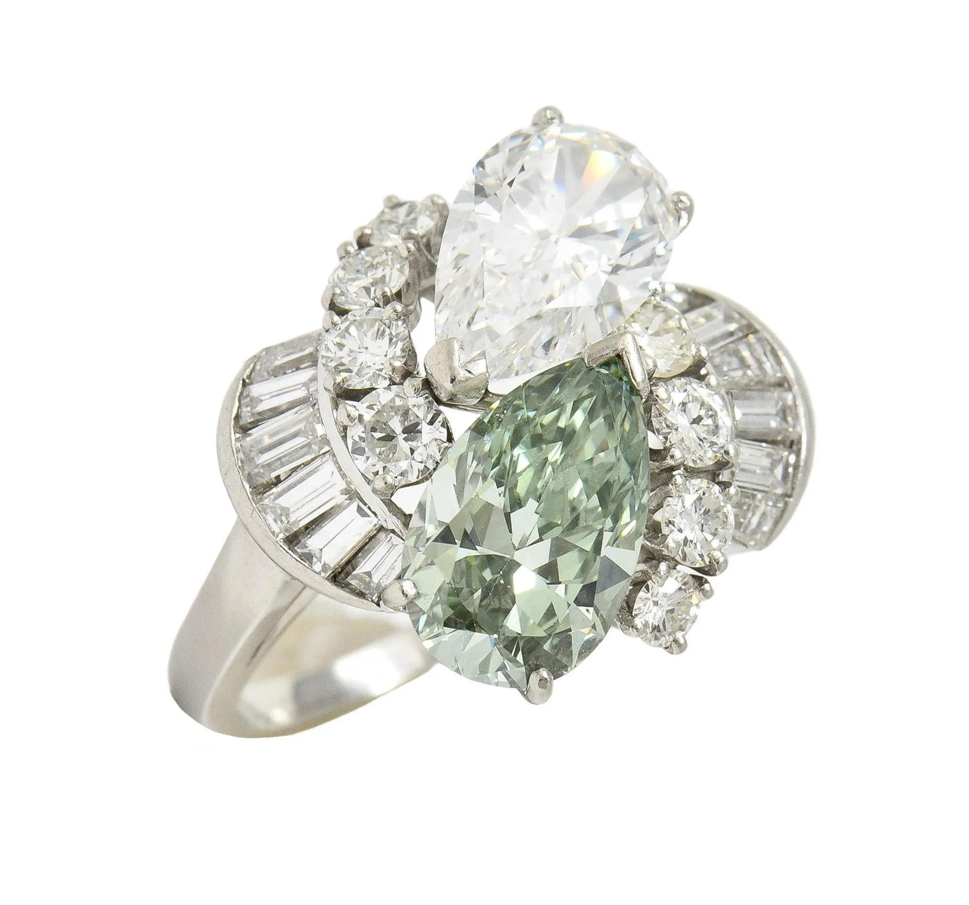 Mid-Century 5.13 CTW Fancy Green Diamond Platinum Toi-Et-Moi Bypass Vintage Dinner Ring GIA