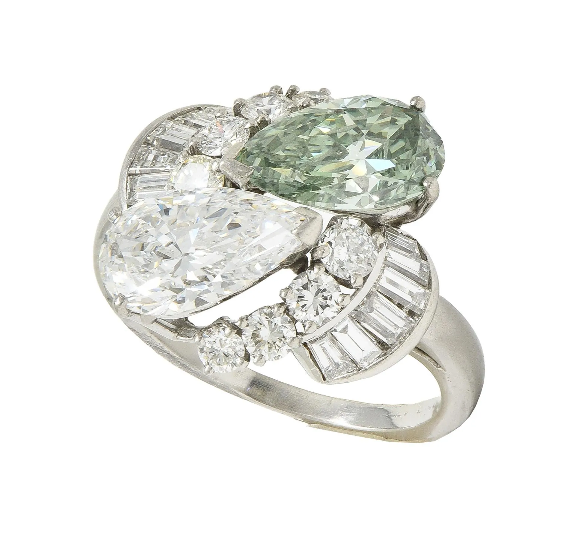 Mid-Century 5.13 CTW Fancy Green Diamond Platinum Toi-Et-Moi Bypass Vintage Dinner Ring GIA