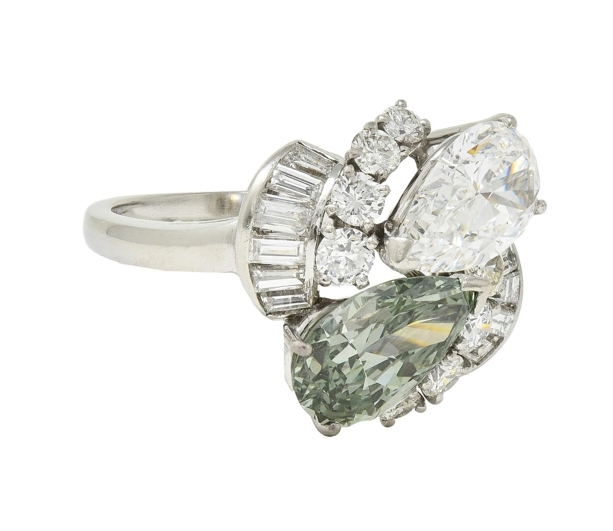 Mid-Century 5.13 CTW Fancy Green Diamond Platinum Toi-Et-Moi Bypass Vintage Dinner Ring GIA