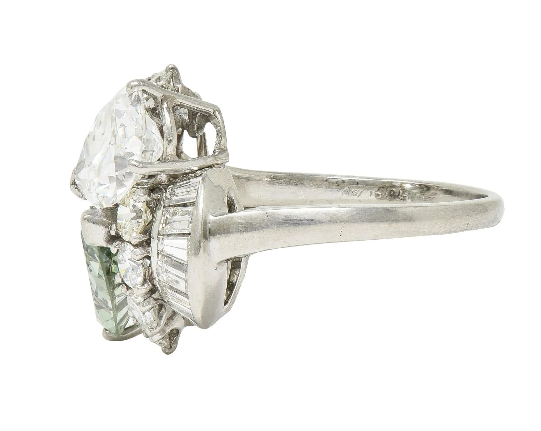 Mid-Century 5.13 CTW Fancy Green Diamond Platinum Toi-Et-Moi Bypass Vintage Dinner Ring GIA