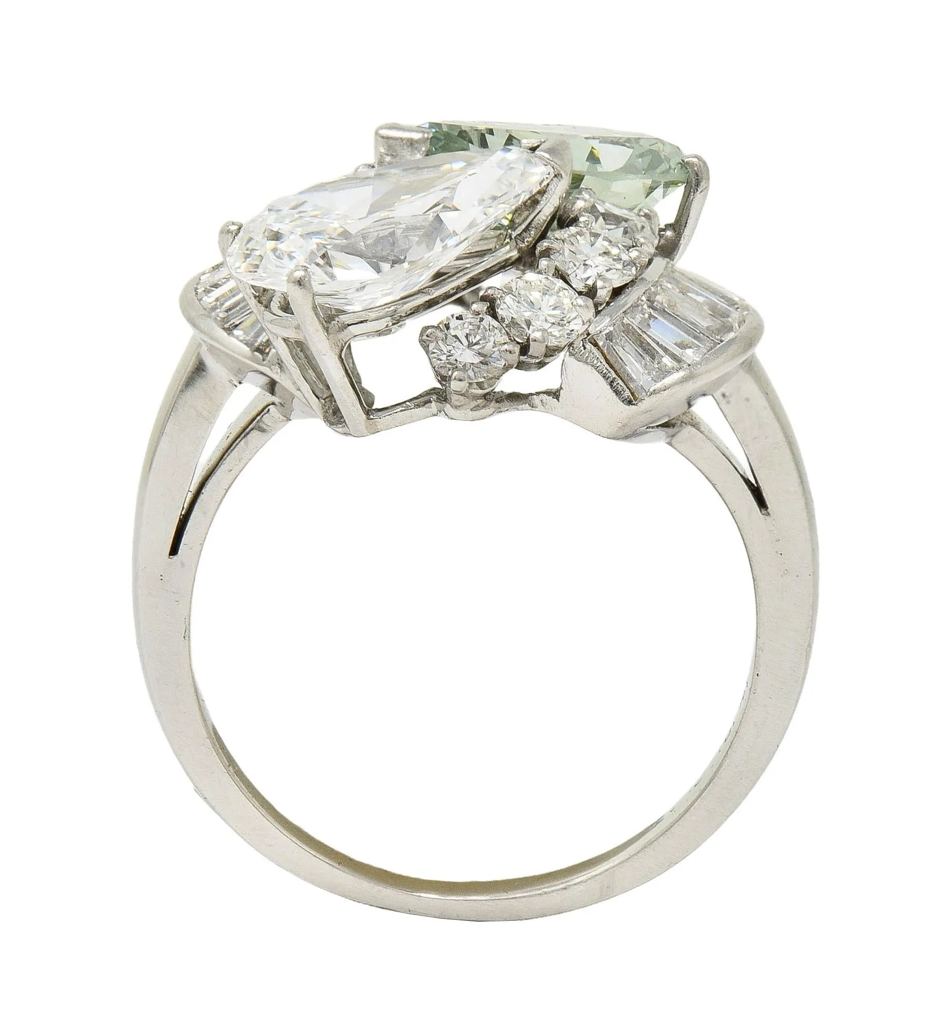 Mid-Century 5.13 CTW Fancy Green Diamond Platinum Toi-Et-Moi Bypass Vintage Dinner Ring GIA