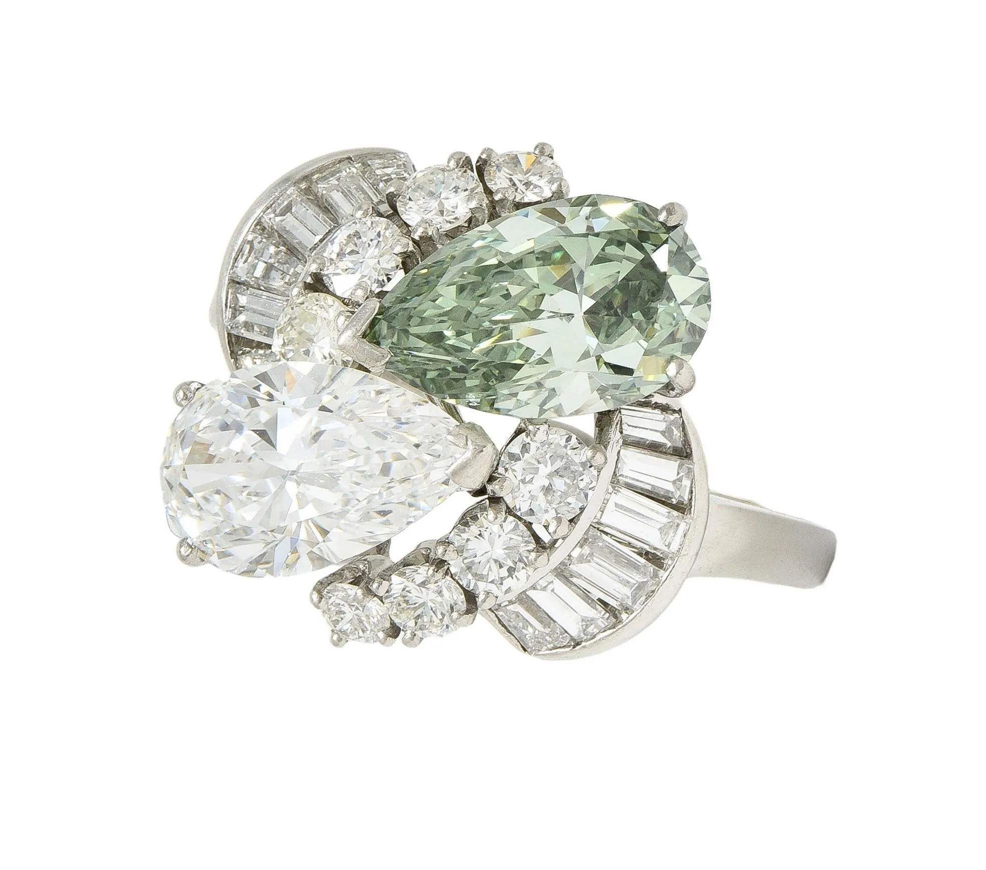 Mid-Century 5.13 CTW Fancy Green Diamond Platinum Toi-Et-Moi Bypass Vintage Dinner Ring GIA