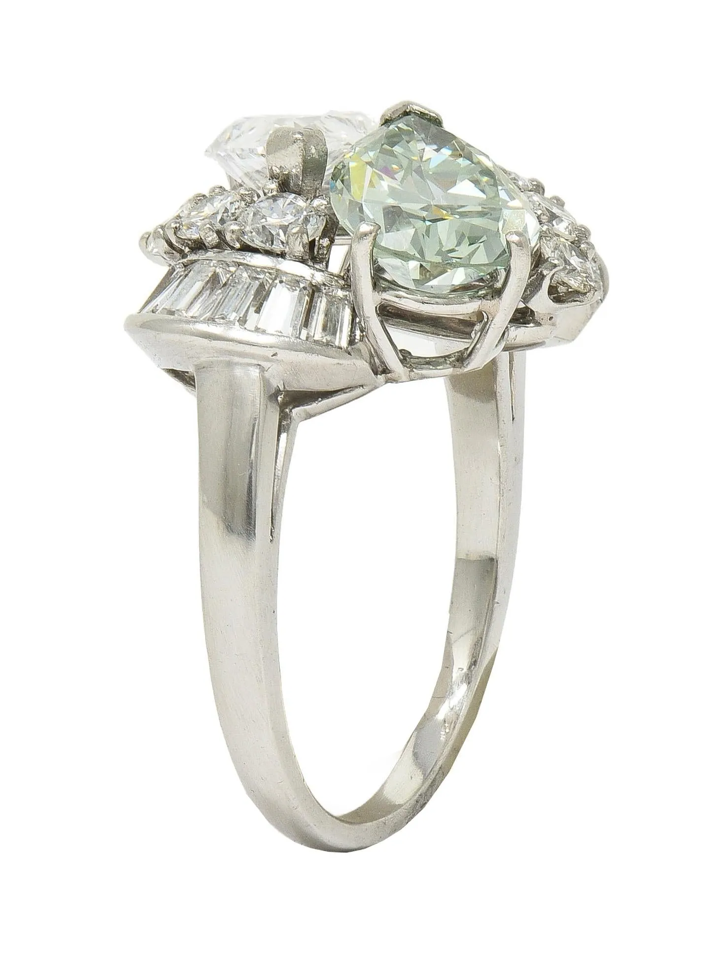 Mid-Century 5.13 CTW Fancy Green Diamond Platinum Toi-Et-Moi Bypass Vintage Dinner Ring GIA