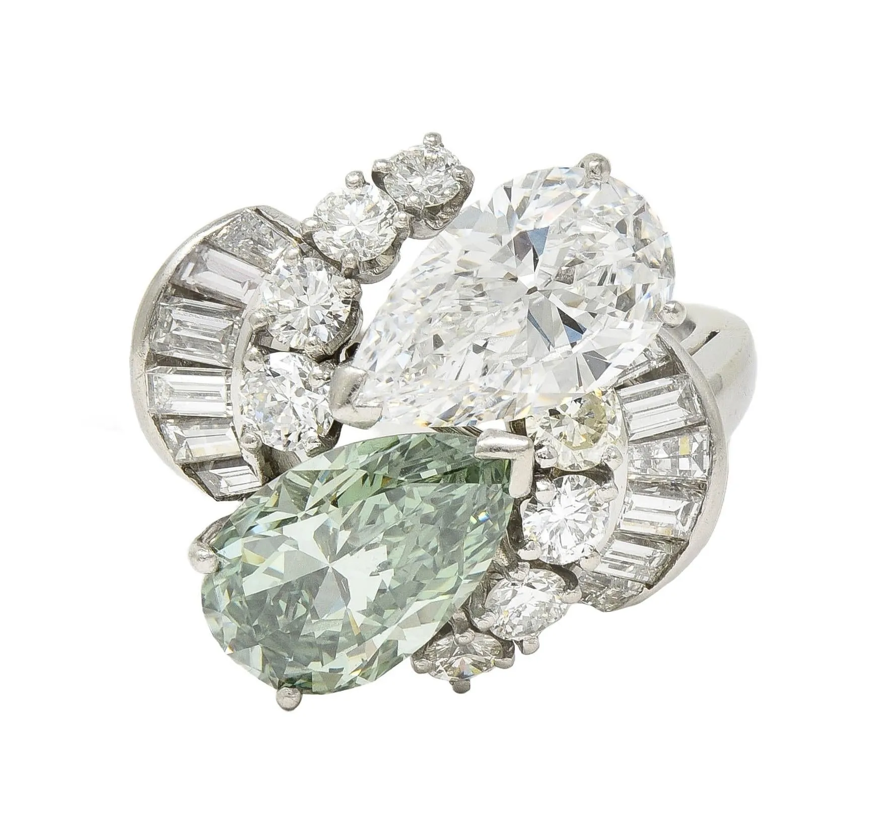 Mid-Century 5.13 CTW Fancy Green Diamond Platinum Toi-Et-Moi Bypass Vintage Dinner Ring GIA