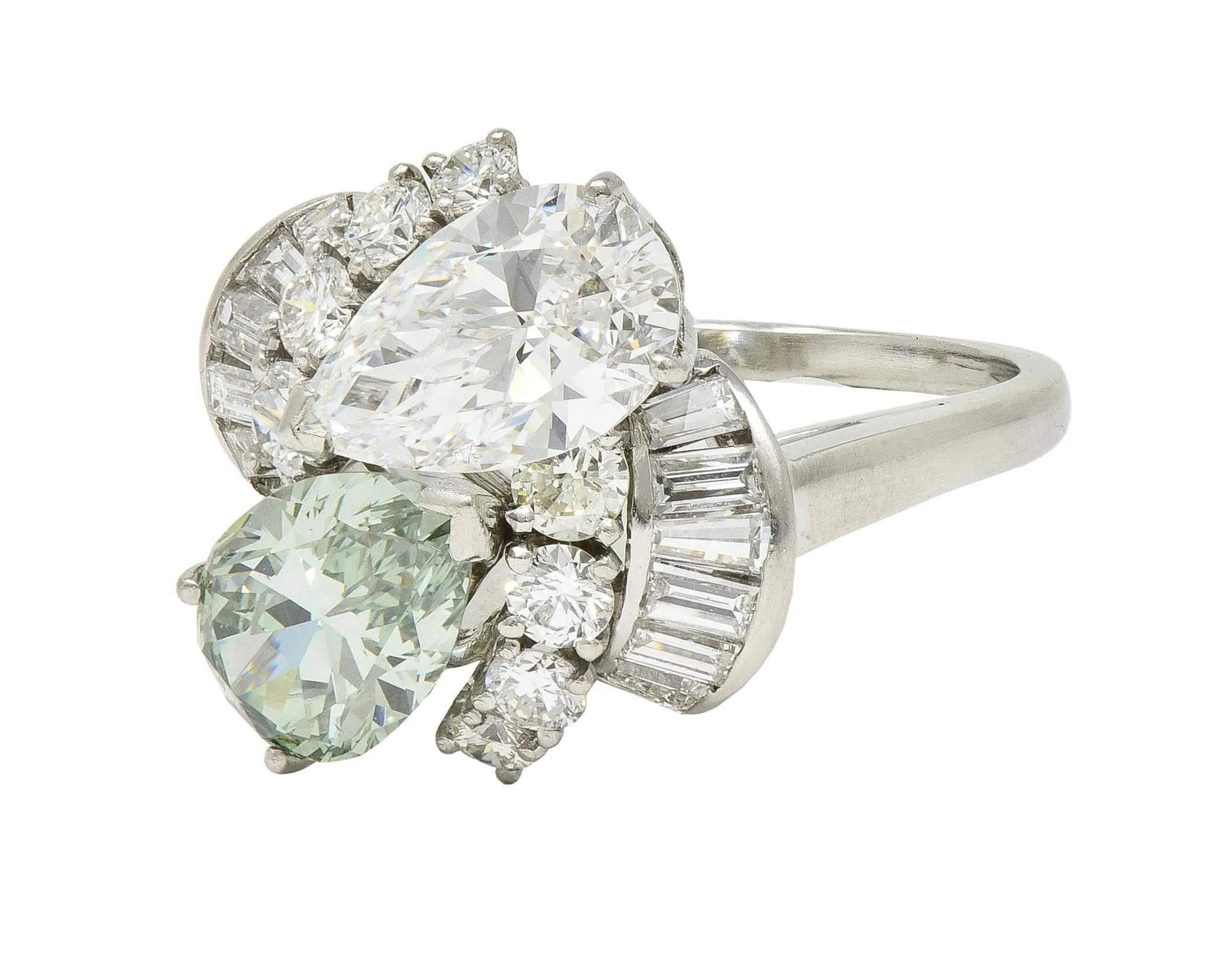 Mid-Century 5.13 CTW Fancy Green Diamond Platinum Toi-Et-Moi Bypass Vintage Dinner Ring GIA