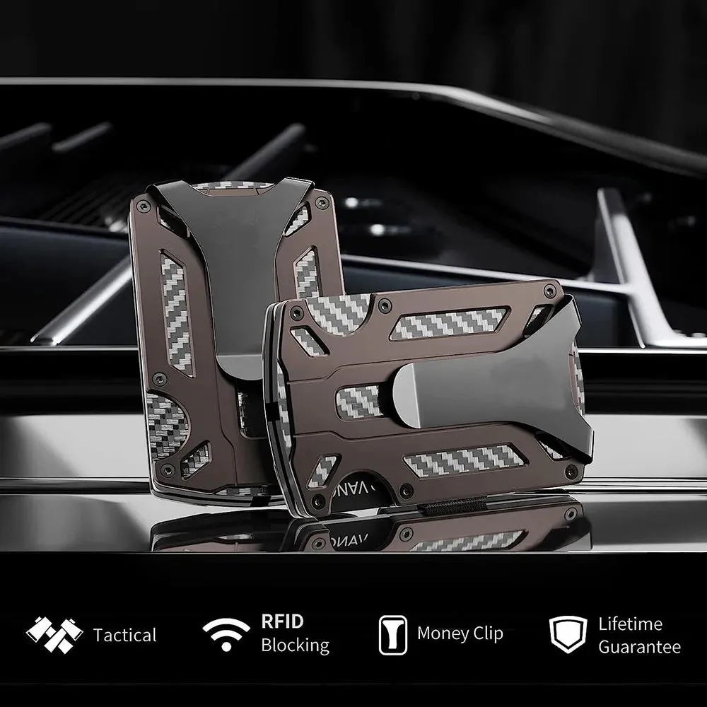 Minimalist Metal Wallet for Men – Slim RFID Blocking Front Pocket Tactical Wallet with Carbon Fiber Card Holder & Money Clip