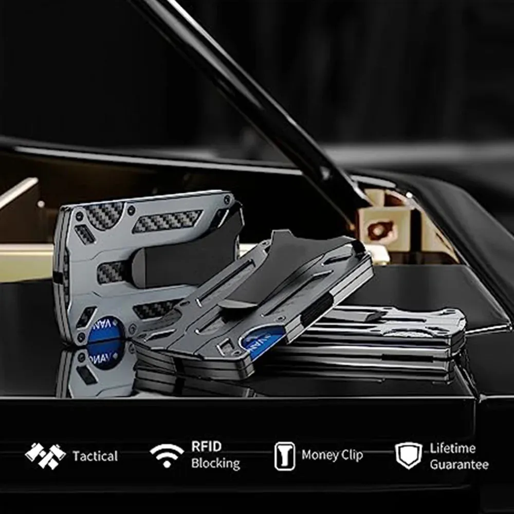 Minimalist Metal Wallet for Men – Slim RFID Blocking Front Pocket Tactical Wallet with Carbon Fiber Card Holder & Money Clip