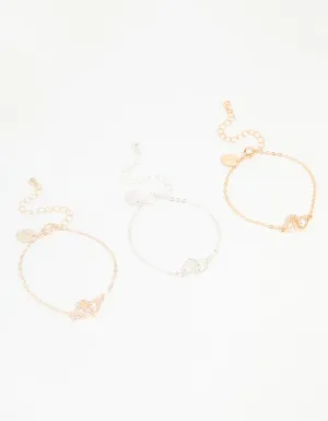 Mixed Metal Diamante Double Heart Bracelets 3-Pack