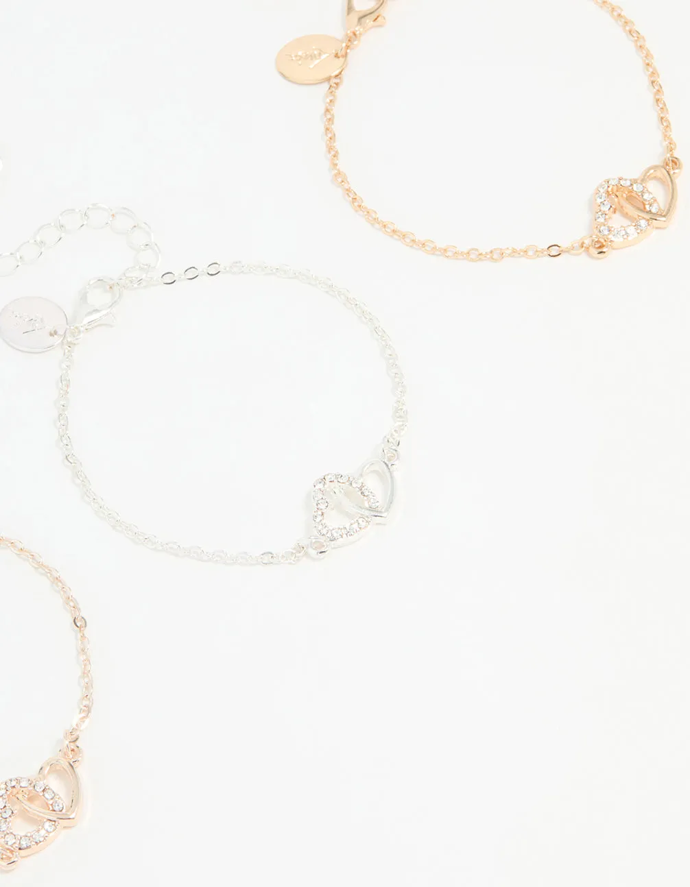 Mixed Metal Diamante Double Heart Bracelets 3-Pack